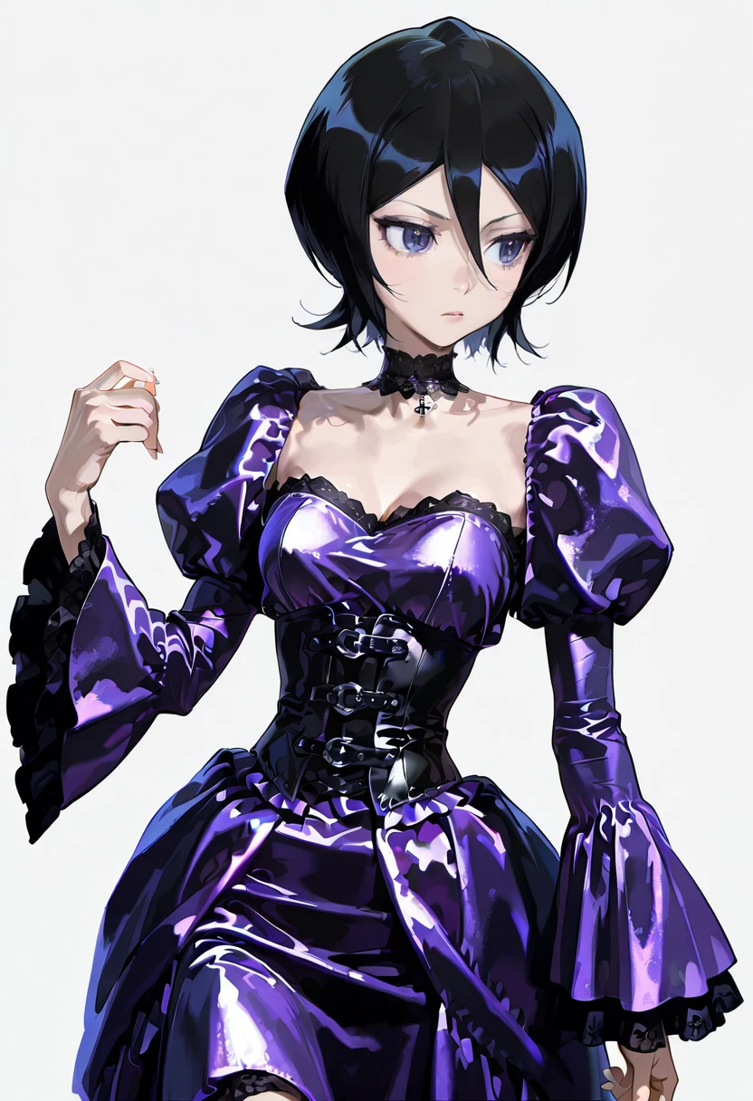 chrushed velvet dress,wide sleeves, purple dress, choker, corset,1girl,solo, kuchiki_rukia