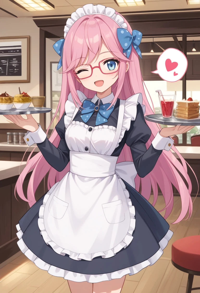 score_9, score_8_up, score_7_up, score_6_up, score_5_up, BREAK
humanluna, 1girl, solo, skirt, red-framed eyewear, long hair, blue eyes, pink hair, cafe, tray, maid headdress, maid outfit, one eye closed, spoken heart, polka dot bow, happy