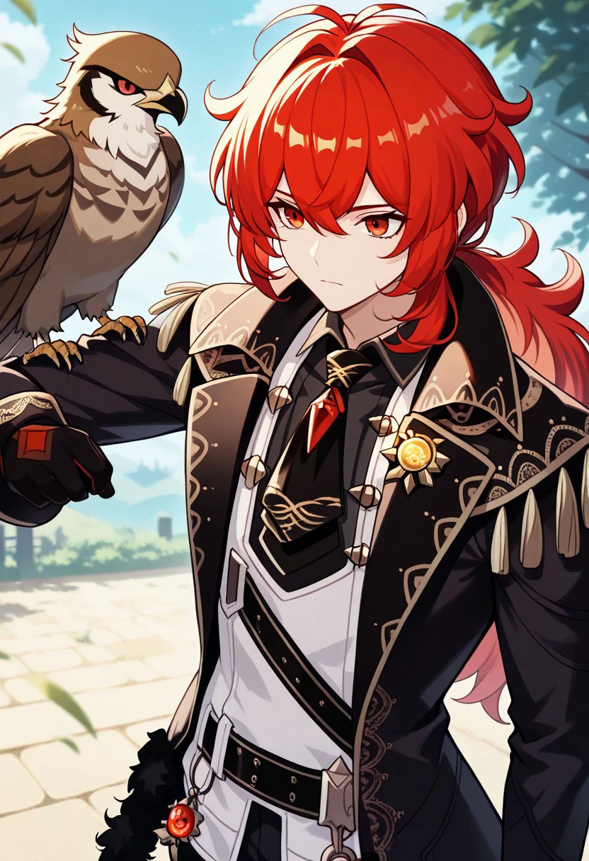 masterpiece, best quality, 
diluc, 1boy, male focus, solo, red eyes, red hair, long hair, low ponytail, bangs, hair between eyes, antenna hair, shirt, black shirt, collared shirt, necktie, black necktie, vest, white vest, coat, black coat, long sleeves, gloves, black gloves, belt, vision (genshin impact), hawk, animal on arm,
outdoor,