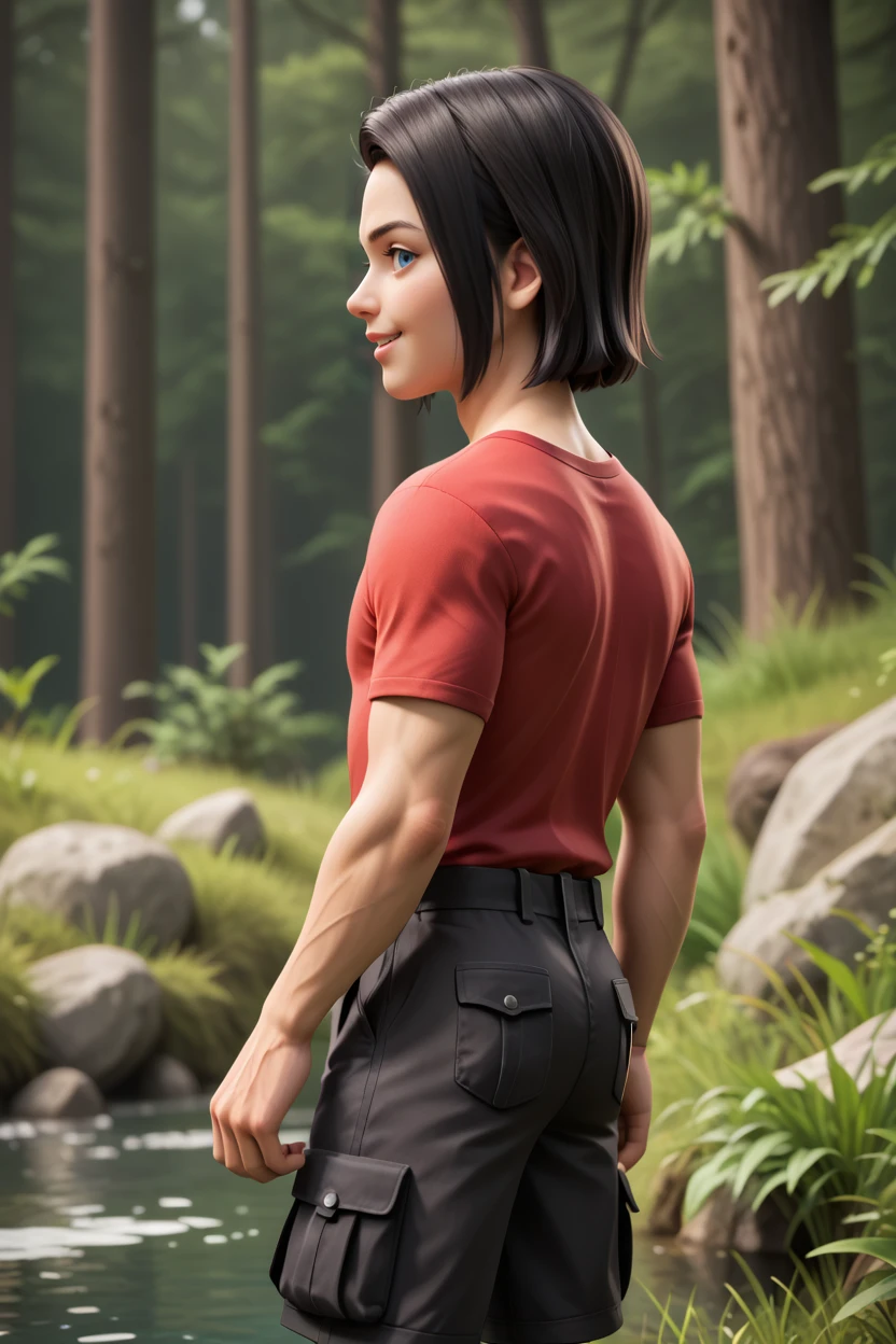 score_9, score_8_up, score_7_up,android 17, 1boy, solo,male focus,black hair,light blue eyes,medium hair,looking at viewer,  from side, black cargo shorts,red t-shirt,short sleeves,looking back, nature, cascade, water, tree,grass,3d,hand up, profile,cargo shorts,smile, black shorts,ass  <lora:Android17Pony:1>