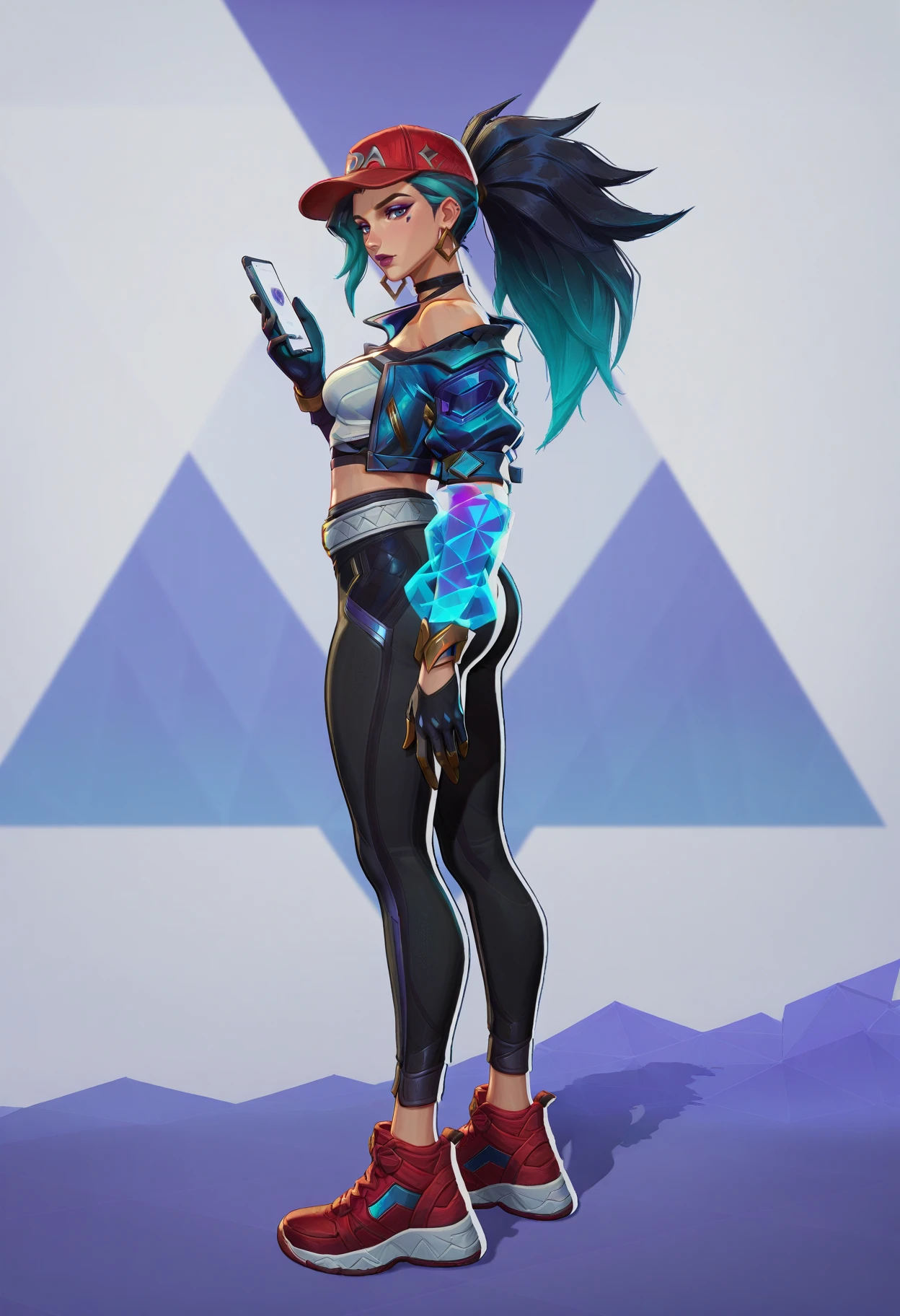 <lora:MarvelRivals:1> r1vals,
1girl, solo, gloves, hat, sneakers, shoes, ponytail, multicolored hair, blue jacket, red footwear, jacket, full body, crop top, pants, midriff, baseball cap, aqua hair, looking at viewer, black gloves, off shoulder, streaked hair, ass, blue hair, long hair, from side, holding, makeup, white background, phone, cropped jacket, breasts, red headwear, jewelry, choker, black hair, black pants, leggings, k/da, (league of legends), hair behind ear