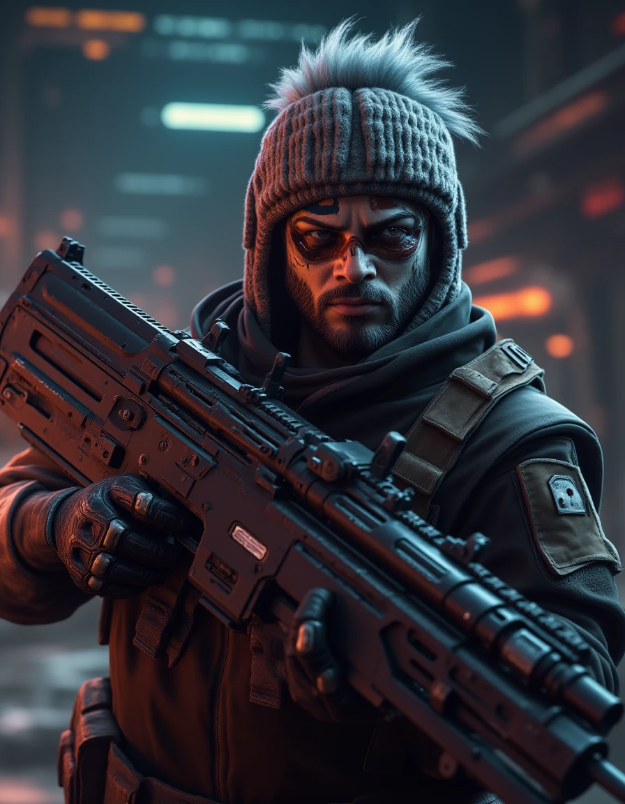 <lora:cyberpunk_512_dev_f1_k:1> a cyber punk scene from a movie, gun man, tattoo, fight