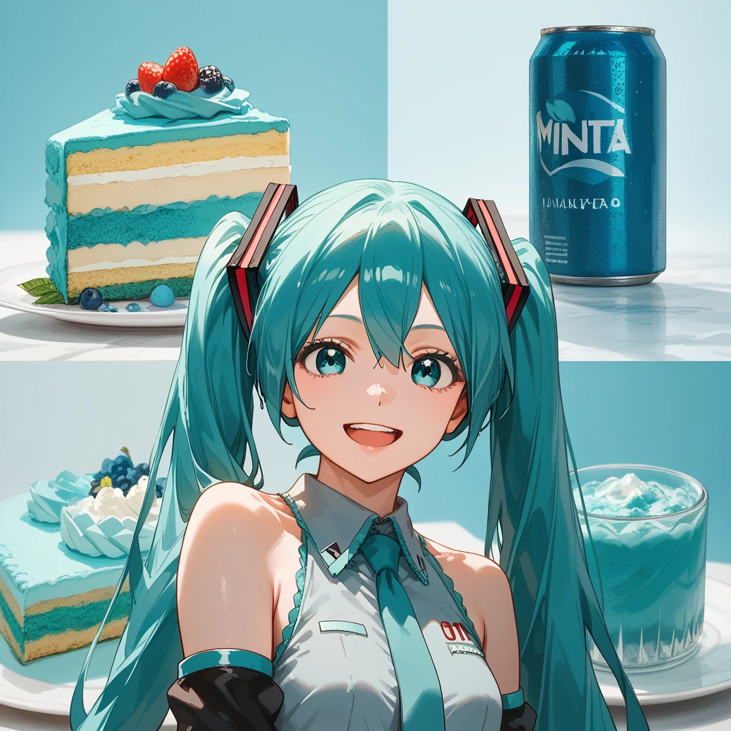 score_9, score_8_up, score_7_up, 1girl, solo, hatsune miku, aqua eyes, aqua hair, upper body, smile, open mouth, food and drink background, jalebi trend, cake, blue can, blue drink, milktea <lora:Food_and_drink_background_-_Jalebi_trend:0.95>