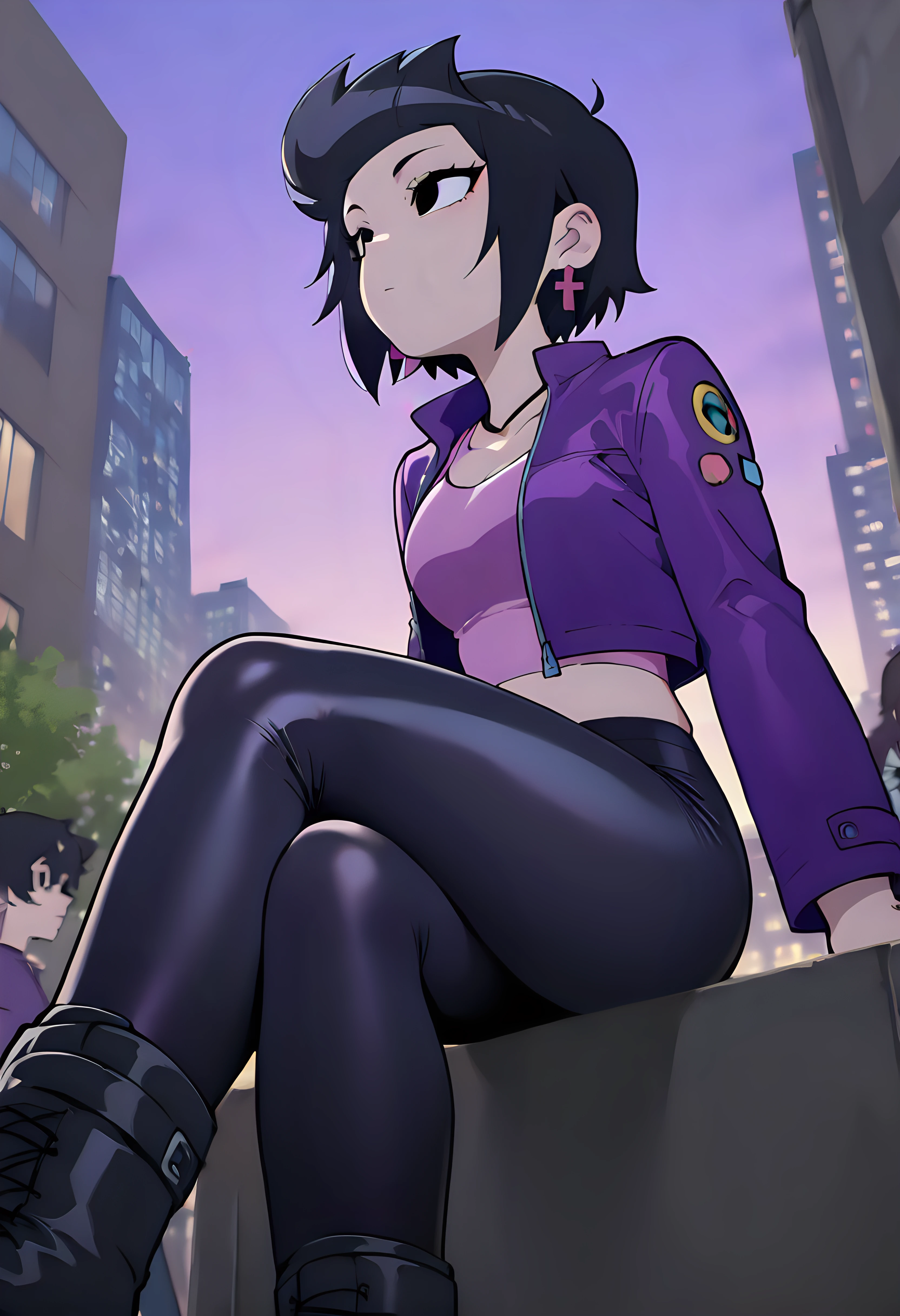 masterpiece, best quality, amazing quality, very aesthetic, absurdres, newest,
bibiBS, 1girl, solo, perfect body, black hair, short hair, front quiff, black eyes, cross earrings, purple jacket, crop jacket, crop top, pink top, midriff, black leggings, (glossy leggings:1.3), black boots, city, outdoors, sitting, crossed legs, from below, thicc thighs, (looking up:0.5),
scottp, sketch, anime coloring,
masterpiece, best quality, amazing quality, very aesthetic, absurdres, newest