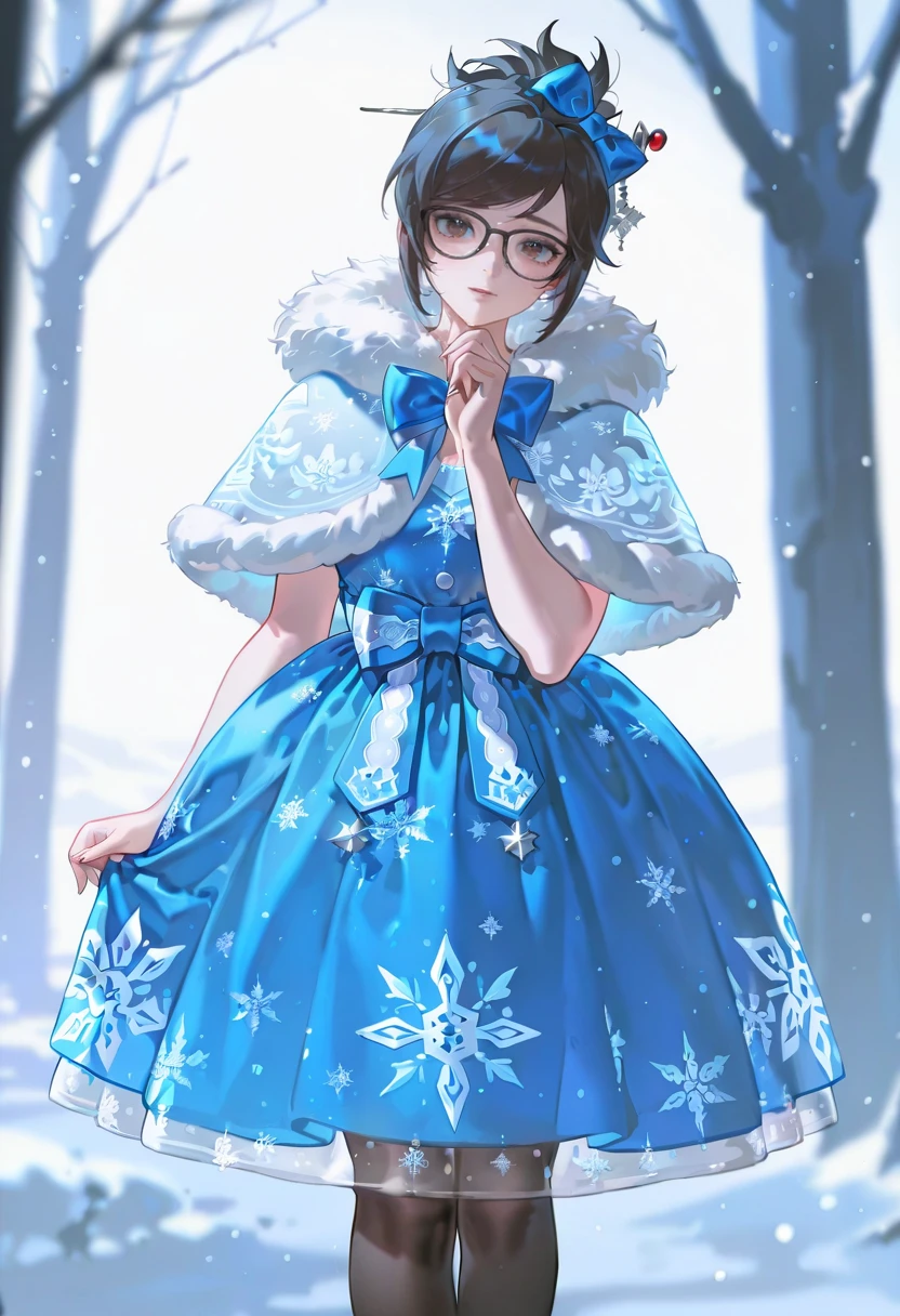 blue smc dress, bow, fur-trimmed capelet,snowflake print,snowing,1girl,solo,konya_karasue,looking at viewer,mei (overwatch)