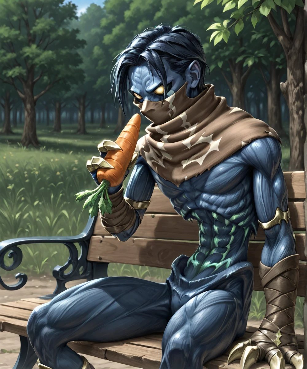 <lora:Raziel_Illustrious:1>raziel, solo, mask, scarf, shining, holding carrot, claws, sitting, bench, outdoors, sunny day