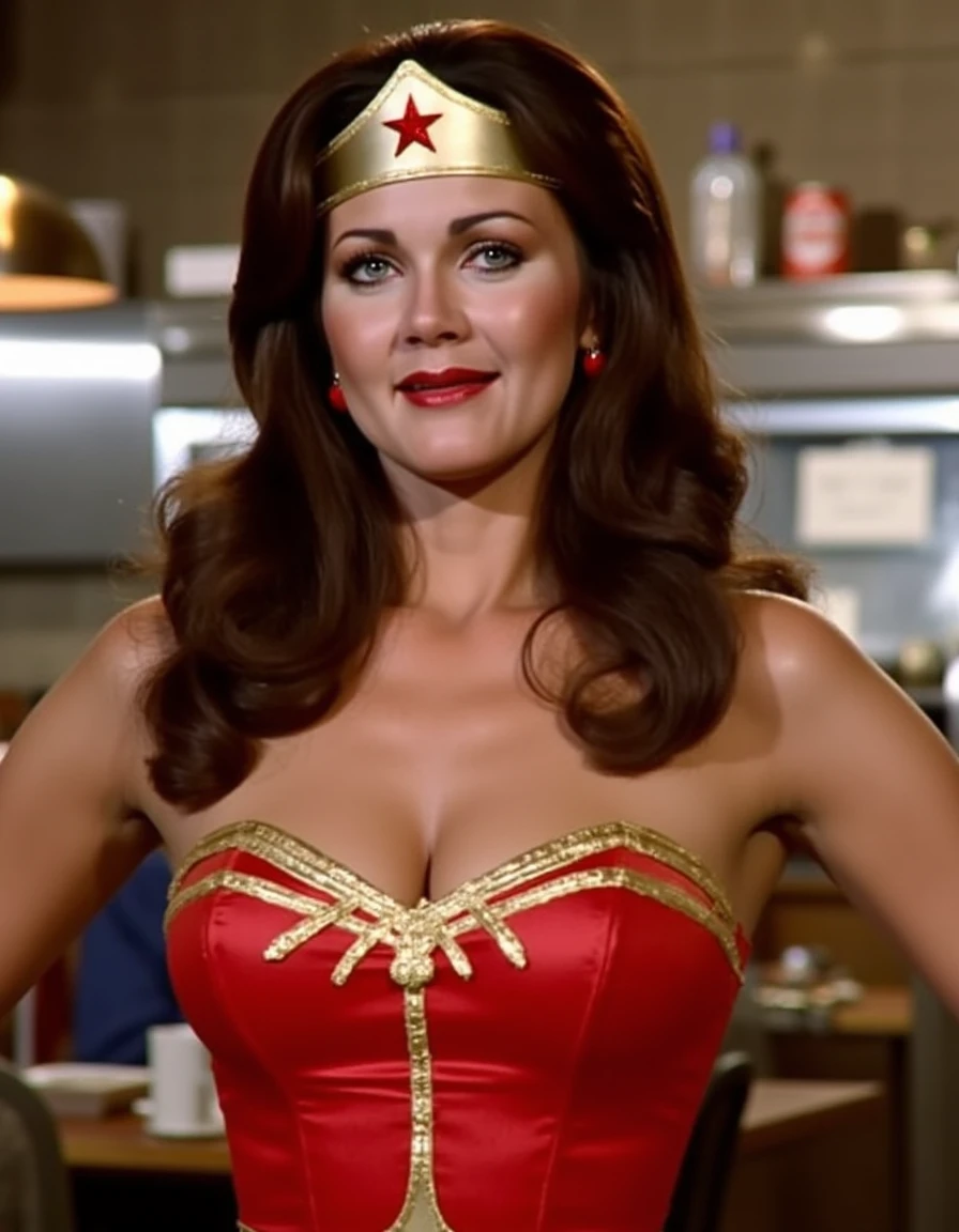 <lora:Lynda_Carter_1970s_flux:1.2> This is a photograph featuring a woman dressed as Wonder Woman, a fictional character known for her red, white, and gold costume. She is standing in a cafe, The woman has long, voluminous brown hair styled in loose waves, and she is wearing a gold headband with a red star emblem. Her makeup is bold, with dark eyeliner and red lipstick. She is wearing a strapless top made of shiny red fabric with gold accents, including a gold star pattern that extends from her chest to her shoulders. Her earrings are red, round ones. Looking at the viewer, smiling