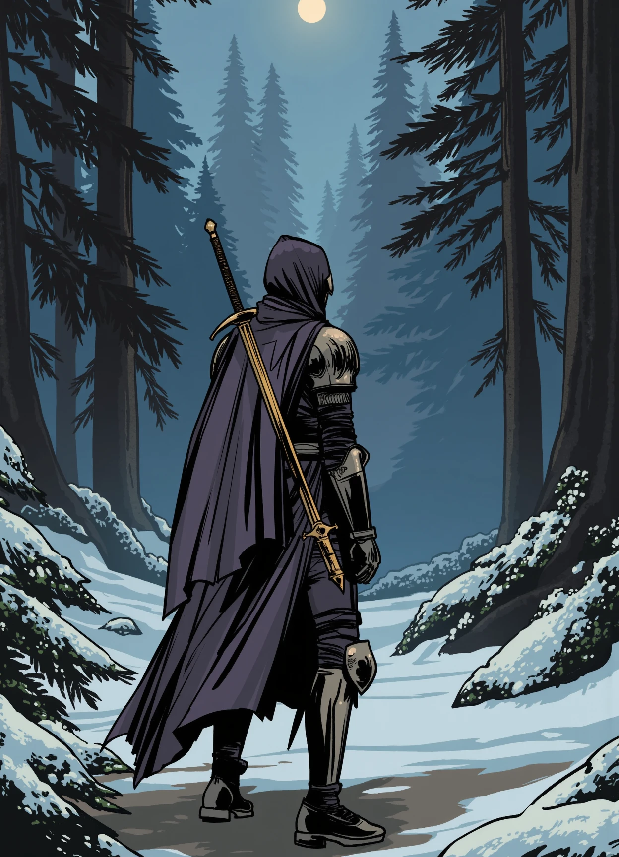 comic book illustration by fiona staples, a medieval female knight standing in a dark midnight snowy pine forest, she wears heavy medieval armor, she has a large sword strapped to her back.