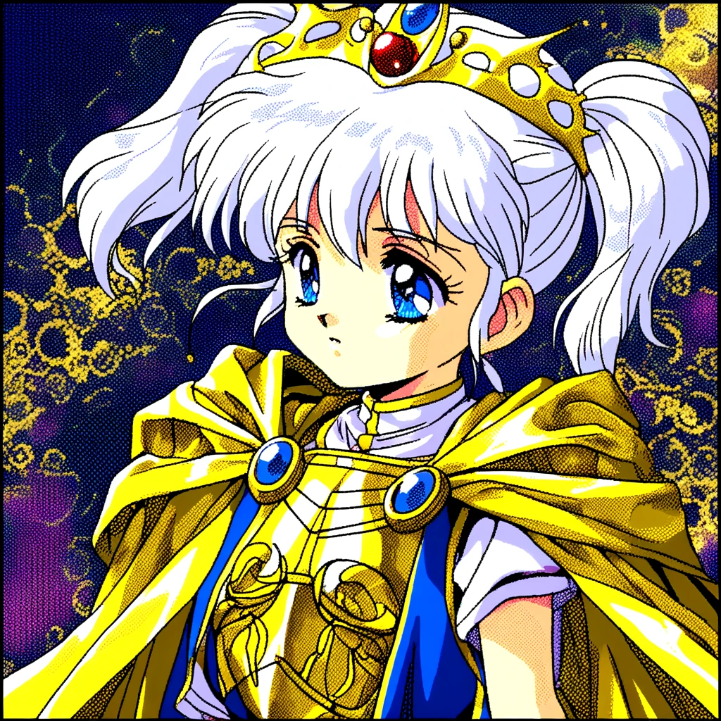 1990's PC, oekaki, retro_artstyle, 1990s_(style), oldfilm, halftone, young girl, tiara, white hair, twintails, big blue eyes, gold accent cape, embroidery breastplate,  <lora:1990sPCstyle_IL_v4:0.5>