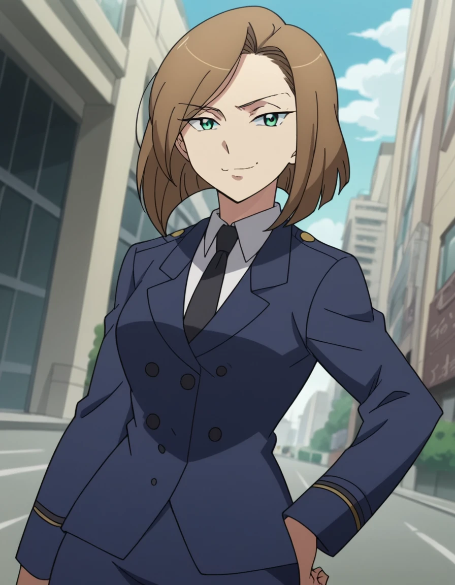 score_9, score_8_up, score_7_up, source_anime, <lora:darzana-magbaredge-s1-ponyxl-lora-nochekaiser:1>, darzana magbaredge, short hair, brown hair, green eyes, mole, medium breasts, anime screencap,, necktie, uniform, formal, suit, city, buildings, streets, cars, people, , smug, hand on own hip,, looking at viewer, solo,, dutch angle, cowboy shot