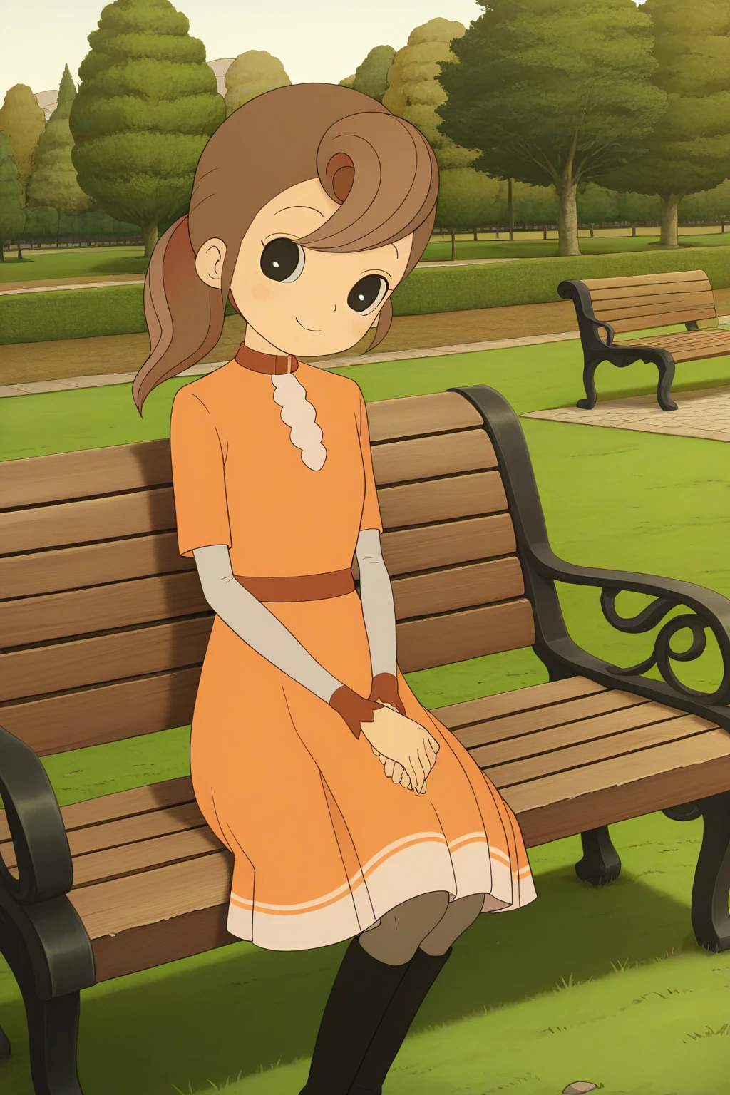 masterpiece, best quality, amazing quality, absurdres, solo, florareinhold, smile, closed mouth, own hands together, looking at viewer, brown hair, black eyes, orange dress, black knee boots, outdoors, park, grass, bench