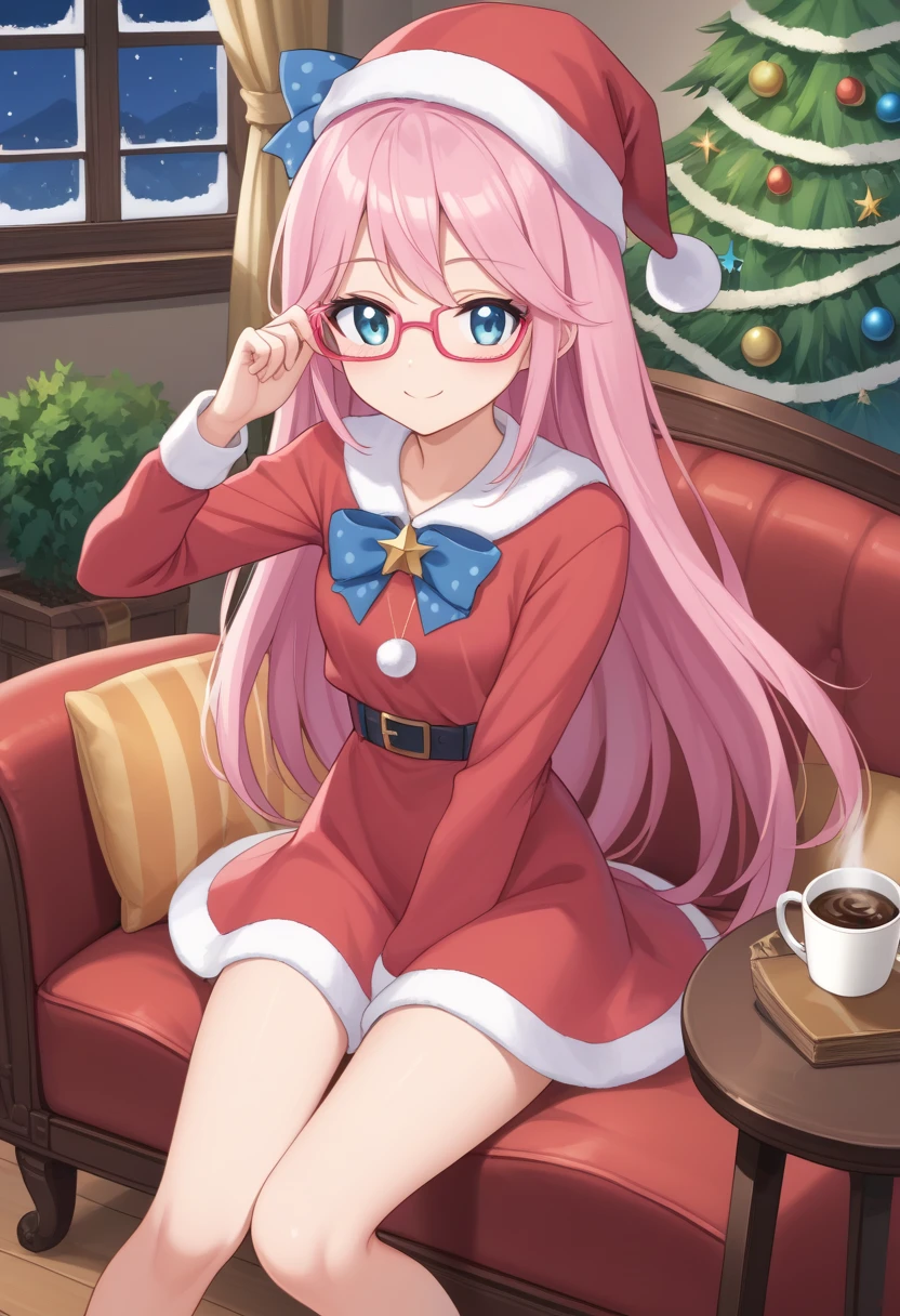 score_9, score_8_up, score_7_up, score_6_up, score_5_up, BREAK
humanluna, 1girl, solo, long hair, blue eyes, red-framed eyewear, polka dot bow, pink hair, livingroom, indoors, fireplace, santa dress, santa hat, smile, night time, holding coffee, sitting, couch