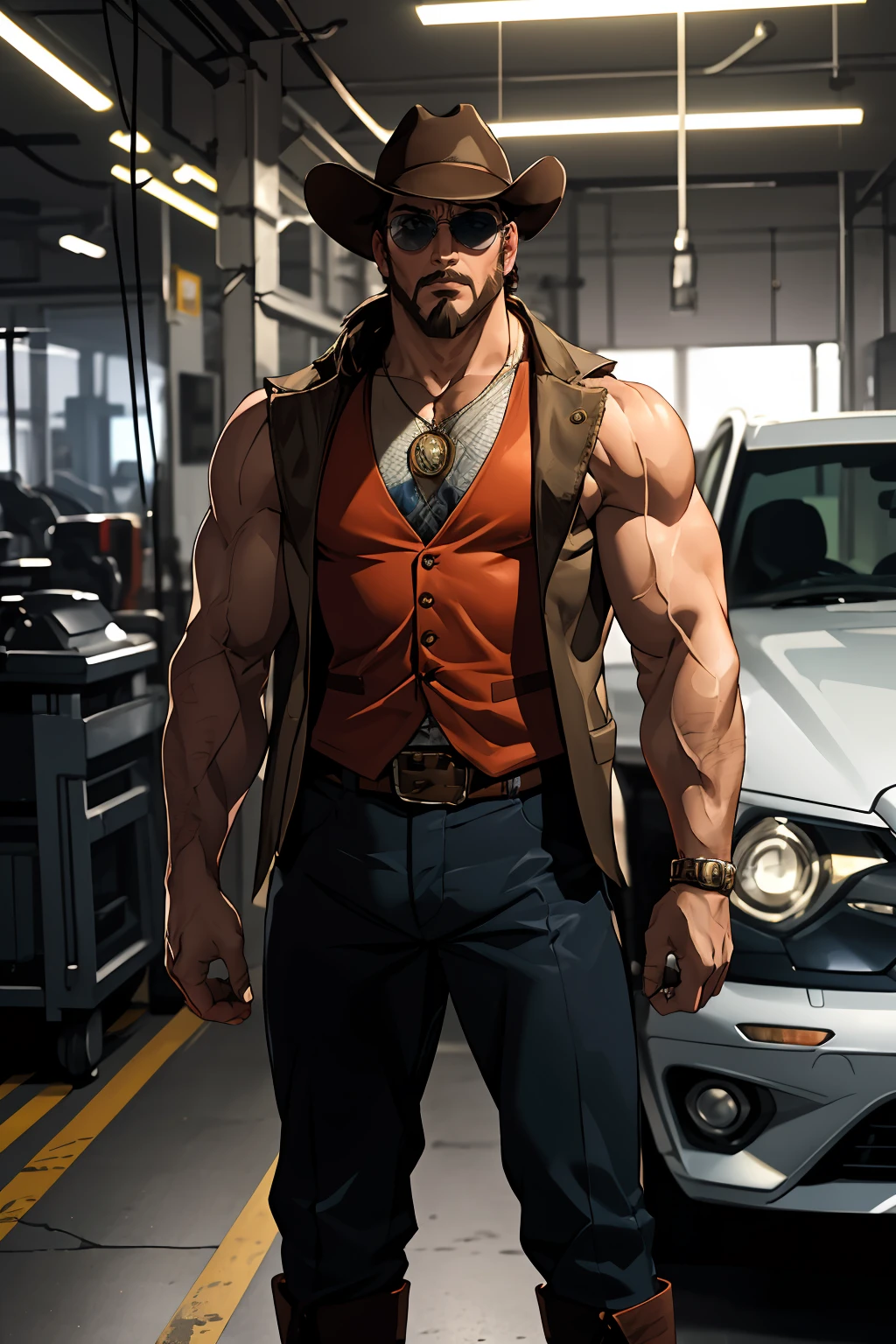 masterpiece,1boy,indoors,dim light,car repair factory,cowboy,brown jacket,sleeveless,orange vest,solo,hat,cowboy boots,sunglasses,muscular,necklace,beard,facial hair,manly,AsurMAN,((full_shot)),depth of field,, <lora:AsurMANç¬¬Xåå¢_V1.1:0.7>,<lora:GoodHands-beta2:1>