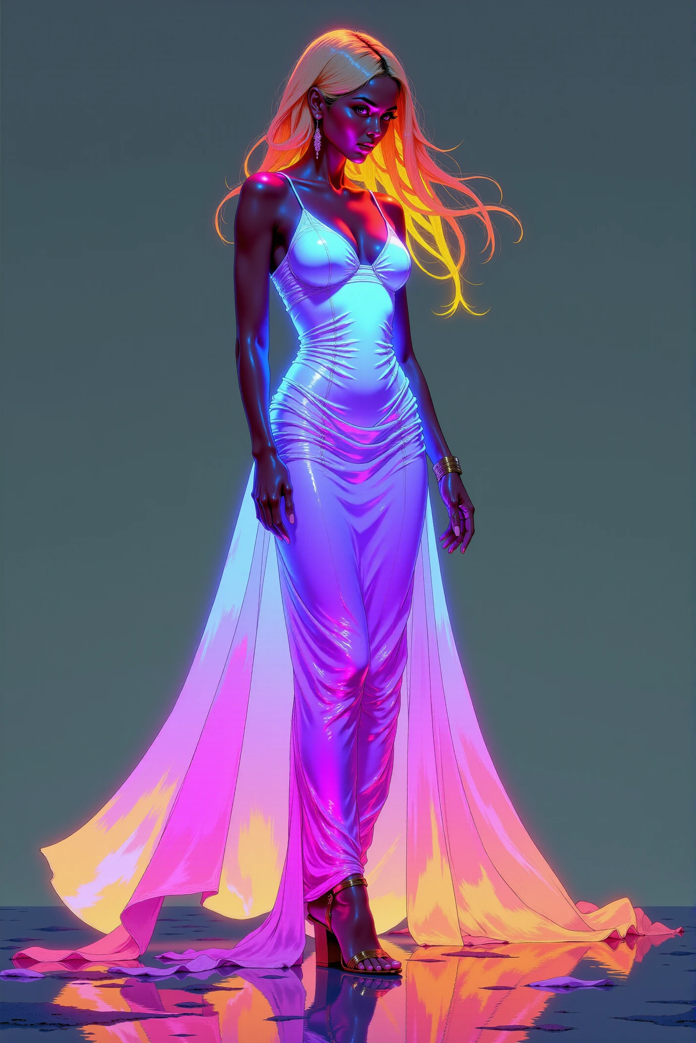 A digital painting featuring a semi-realistic beautiful shapy young Italian female character standing close gracefully in aesthetic pose, her glowing long hair flowing in soft waves as if moved by a gentle breeze. She wears a long sleek flowing dress that appears to glow brightly in shades of flashy orange at the top and hair, day-glo violet in the middle and glowing pink bottom of the hem, creating a vibrant gradient of luminous colors against the very dark gradient background. Very dim lighting, dark environment. The woman stands barefoot,  her reflection is clearly visible on the perfectly clean reflective surface below her, which glows faintly the colors of her dress. Her body posture is confident and elegant. The overall neon lighting effect and the soft yet vibrant color transitions create a futuristic and dreamlike atmosphere., dynamic, dramatic, vibrant colors.  <lora:DGLO_style_v.6:0.8>