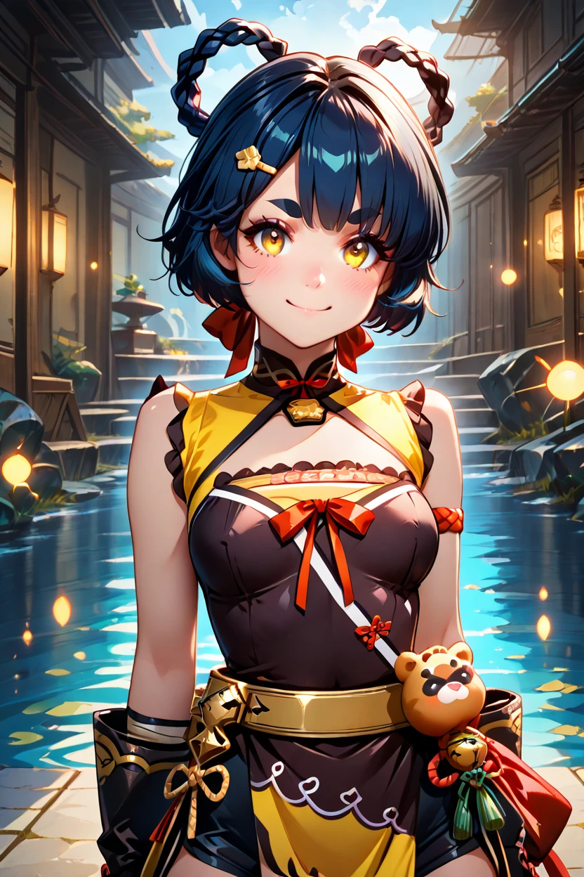 masterpiece, best quality, solo, curvy, beautiful eyes,,<lora:XianglingGenshinIXL:1.0>, zzXiangling, yellow eyes, black hair, blue hair, hair ornament, hair rings, hairclip, short hair, braid, chinese clothes, gloves, dress, sleeveless, bare shoulders, fingerless gloves, twin braids, china dress, upper body, smile, looking at viewer, shiny skin,<lora:RealisticAnimeIXL_v2:1.0>, shiny skin, bokeh, luminescent background,