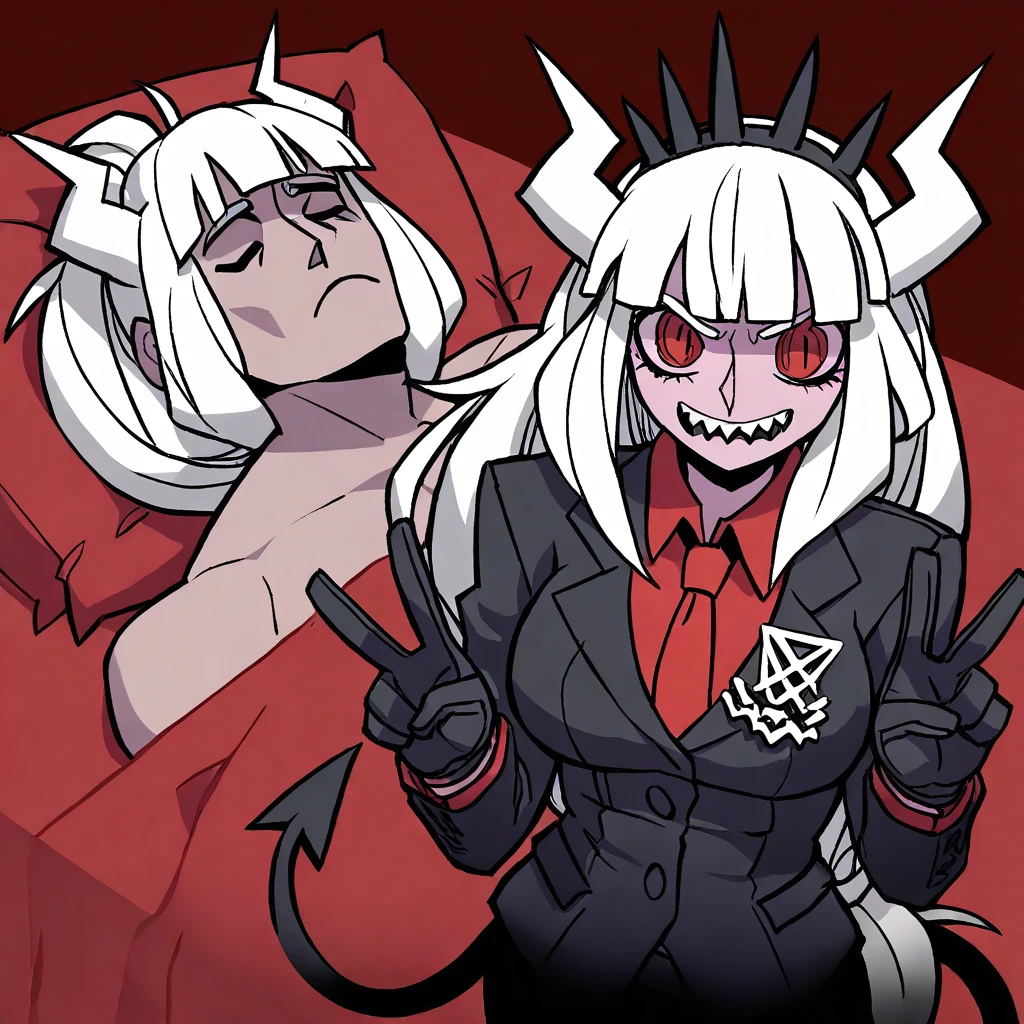 masterpiece, best quality, newest, absurdres, highres, GuyTiredAfterShrex-IL 1girl, lucifer \(helltaker\), black suit, red necktie, black collared shirt, black gloves, blunt bangs, demon horns, demon girl, demon tail, sharp teeth, red eyes, white hair, long hair standing, peace sign, BREAK 1boy, helltaker \(helltaker\), tired, lying, lying on bed, closed eyes,