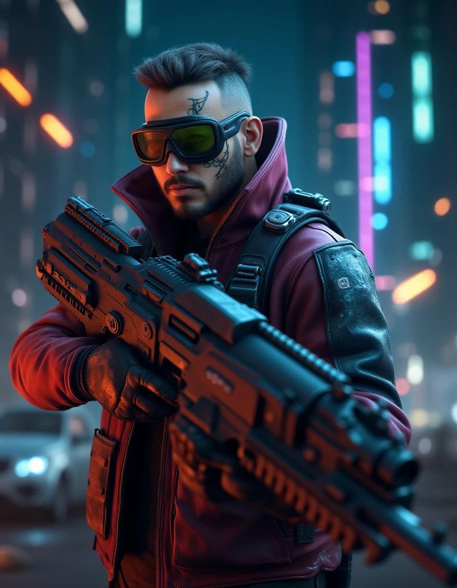 <lora:cyberpunk_512_dev_f1_k:1> a cyber punk scene from a movie, gun man, tattoo, fight