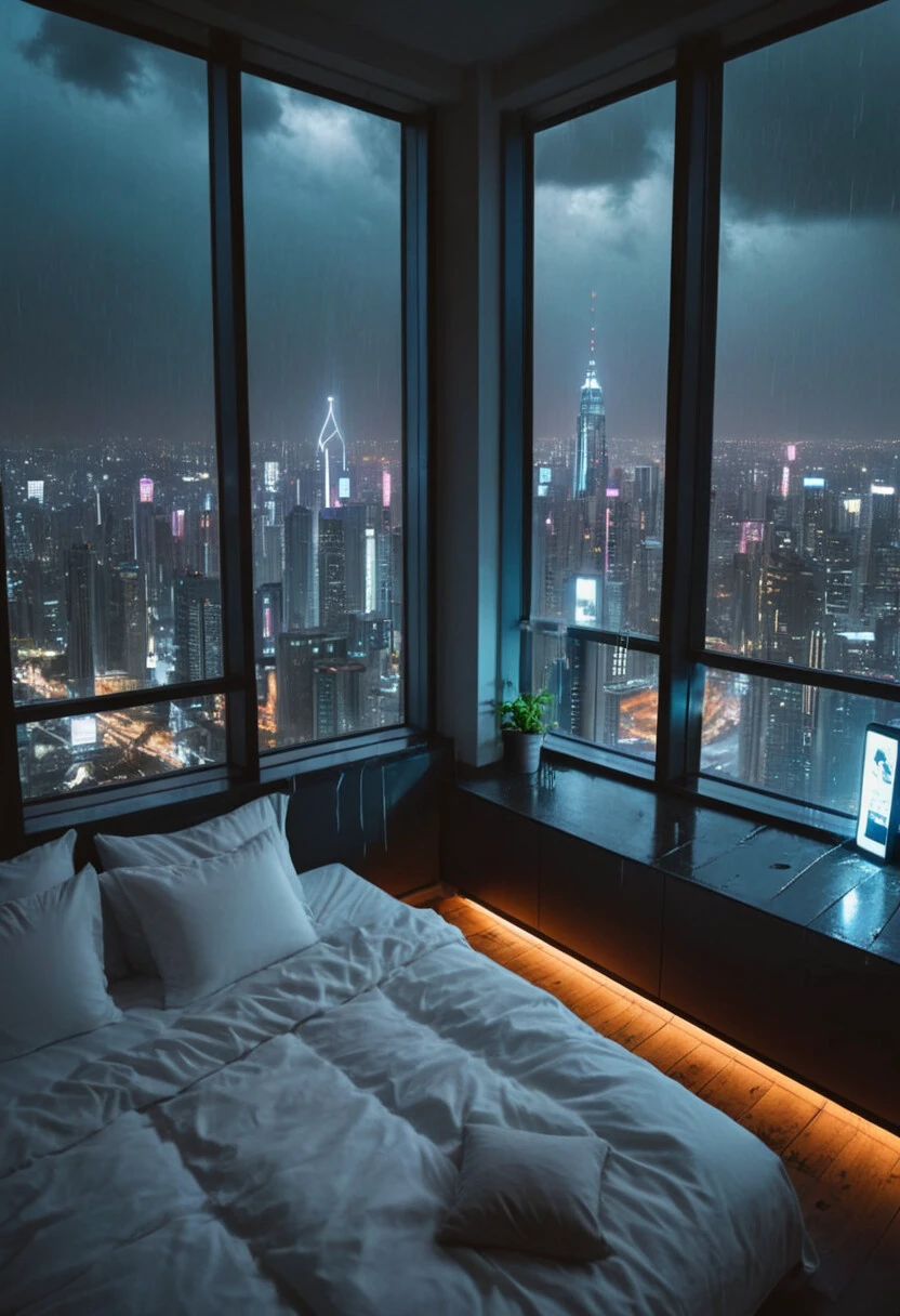 moody aesthetic, beautiful cozy, cramped bedroom with floor to ceiling glass windows overlooking a cyberpunk city at night, view from top of skyscraper, white bedsheets, bookshelves, thunderstorm outside with torrential rain, detailed, high resolution, photorrealistic, dark, gloomy,