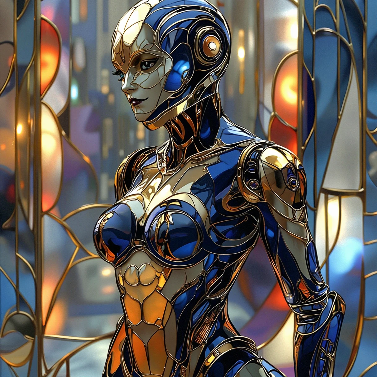 Sci-Fi movie, close-up shot of a woman dressed in futuristic glowing hard surfaced dark pastel sci-fi, slightly oval cross section look, armor, a kimono, mysterious white skin mexican wabi-sabi battle droid humanoid woman with a lot of mechanical parts