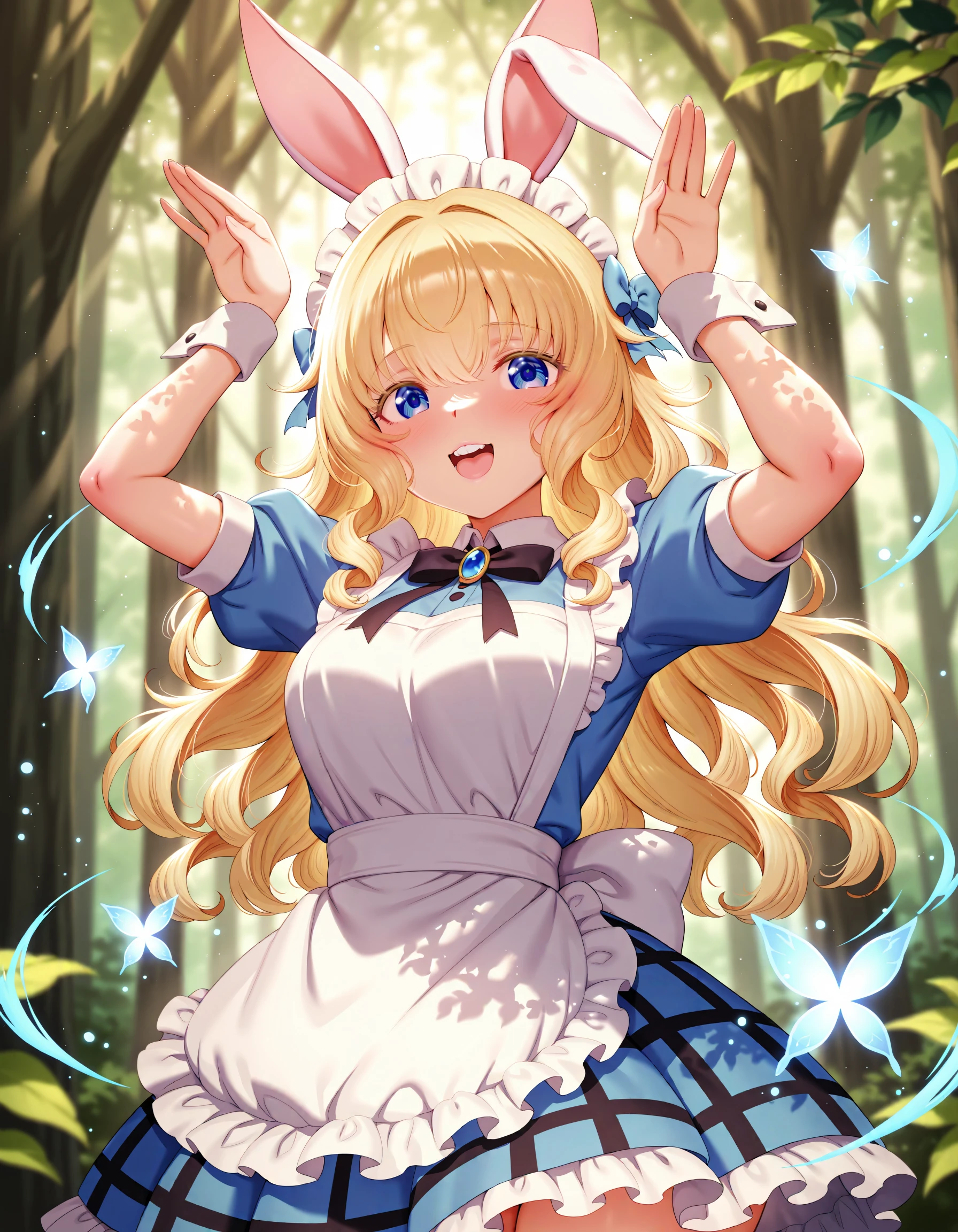 masterpiece, best quality, highres, year 2024, Mdastarou,  1girl, solo, alice in wonderland, blonde hair, blue eyes, curly hair, rabbit ears, checkered skirt, forest, buckteeth, rabbit pose, blue magic, fairy magic,  magia record: mahou shoujo madoka magica gaiden, 