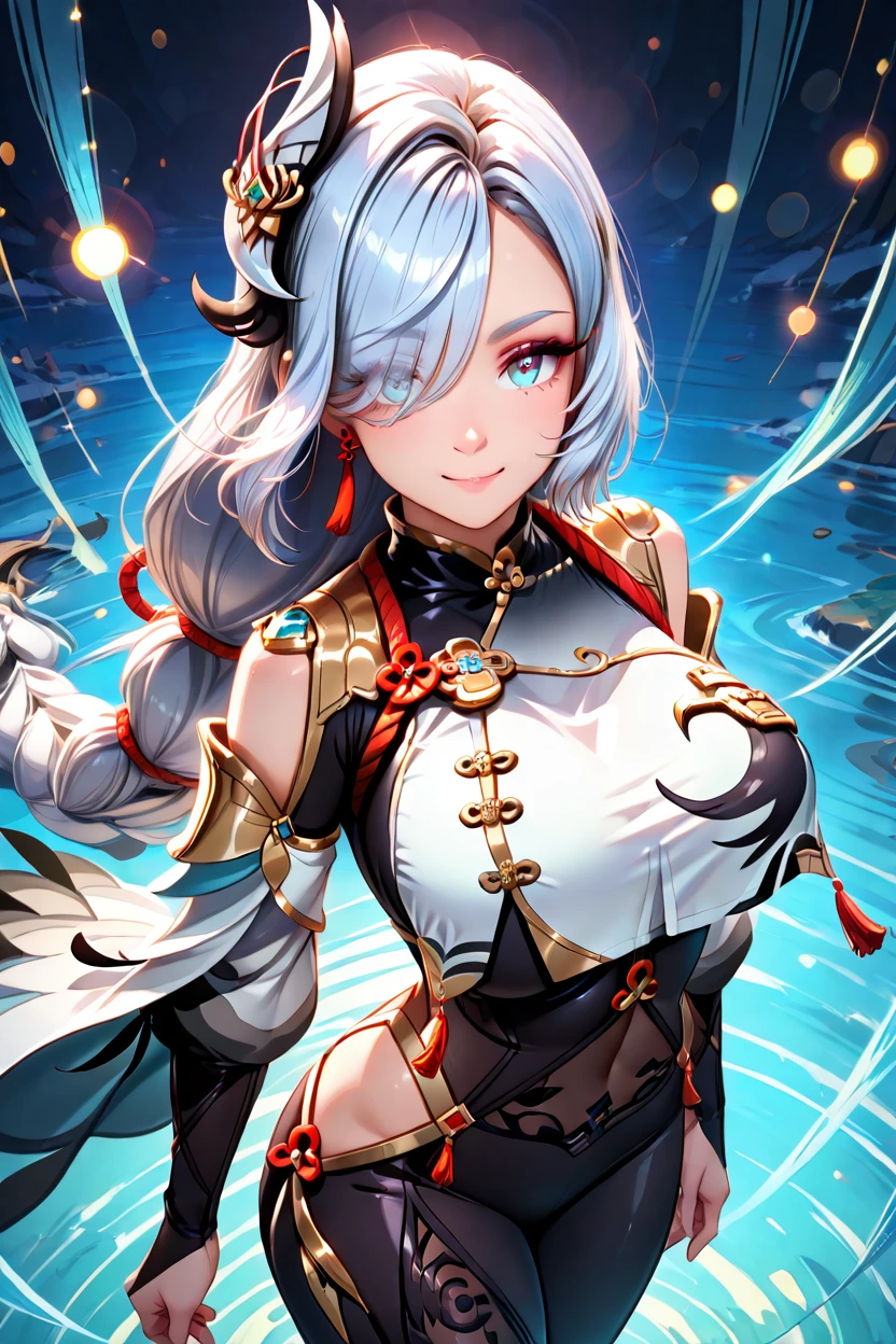 masterpiece, best quality, solo, curvy, beautiful eyes,,<lora:ShenheGenshinIXL:1.0>, zzShenhe, blue eyes, eyes visible through hair, hair over one eye, braided ponytail, grey hair, hair ornament, long hair, white hair, large breasts, very long hair, braid, tassel, gloves, bodysuit, jewelry, breast curtain, black bodysuit, from above, dynamic pose, cowboy shot, smile, looking at viewer, shiny skin,<lora:RealisticAnimeIXL_v2:1.0>, shiny skin, bokeh, luminescent background,