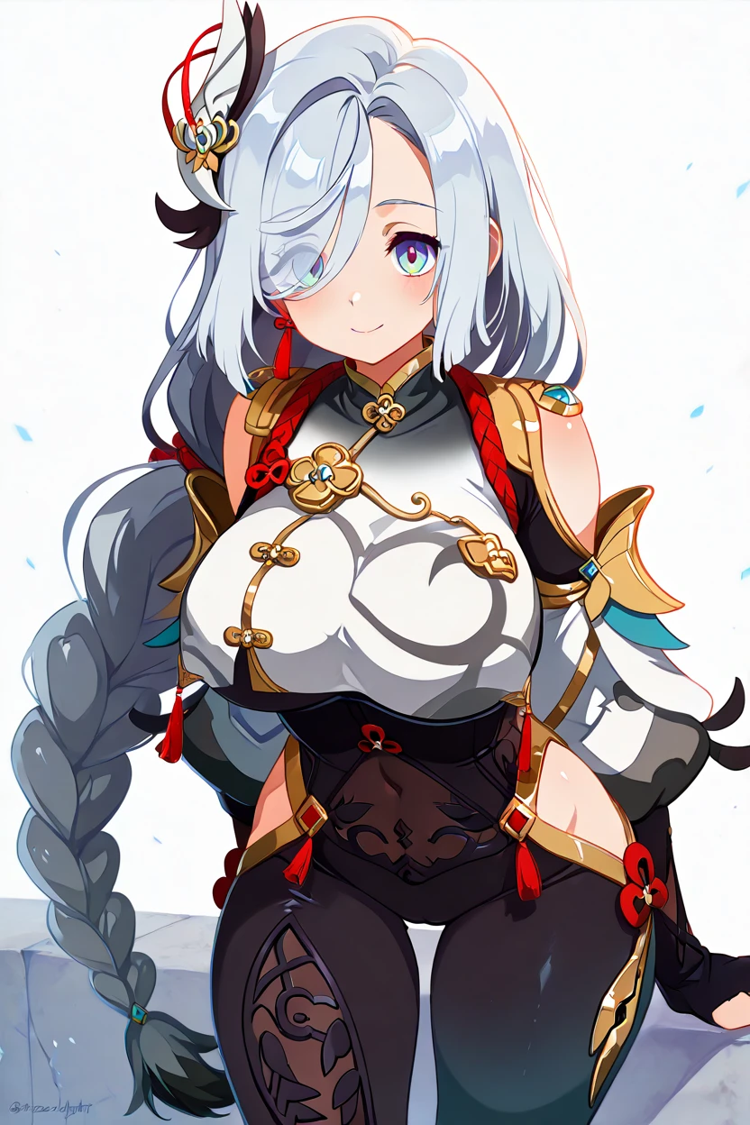 masterpiece, best quality, solo, curvy, beautiful eyes,,<lora:ShenheGenshinIXL:1.0>, zzShenhe, blue eyes, eyes visible through hair, hair over one eye, braided ponytail, grey hair, hair ornament, long hair, white hair, large breasts, very long hair, braid, tassel, gloves, bodysuit, jewelry, breast curtain, black bodysuit, , cowboy shot, leaning forward, smile, looking at viewer, shiny skin,<lora:HaradaTakehitoIXL_v3:1.3>, <lora:ZankuroIXLLight_v2:0.6>,