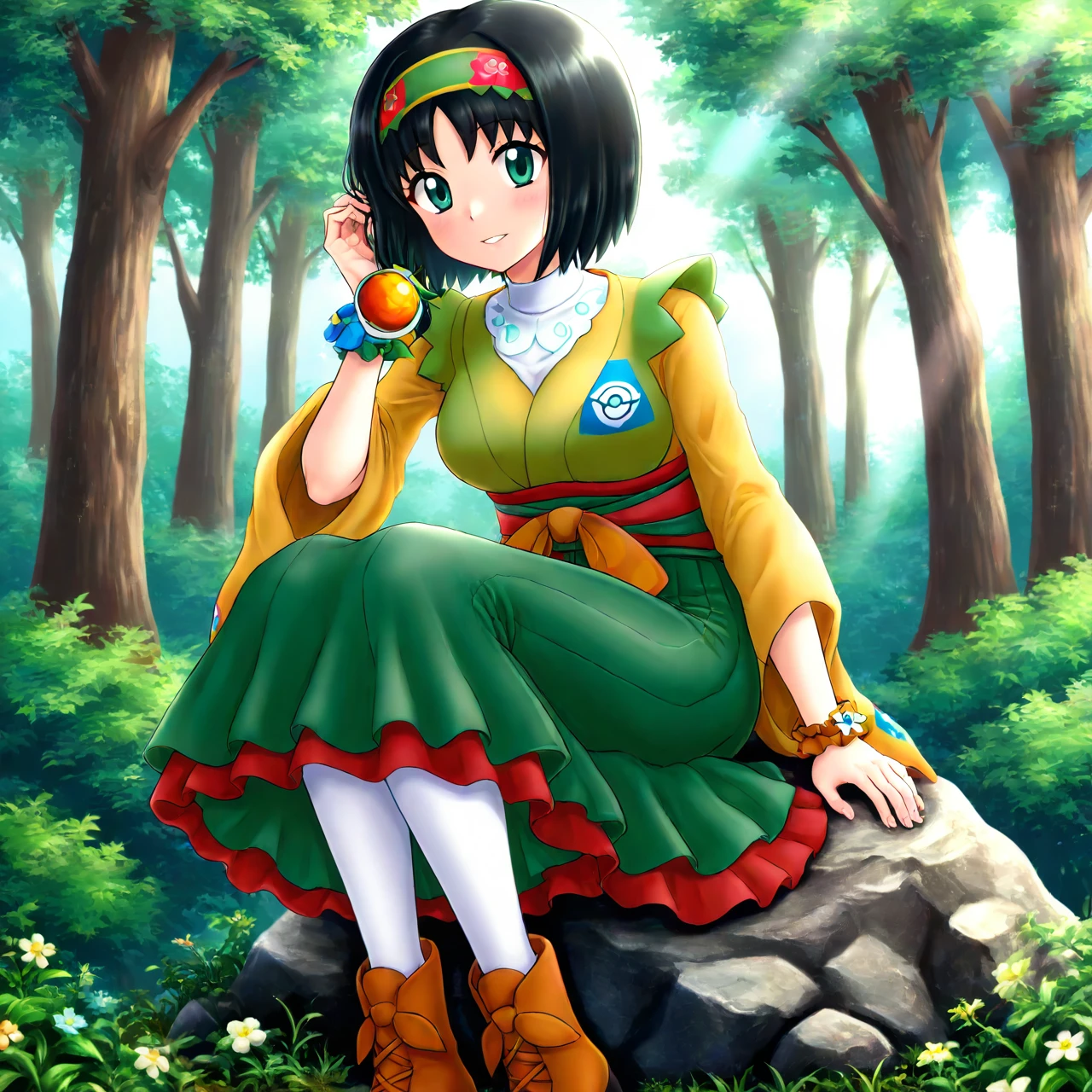 hinosaki, (1girl, solo,) sitting, on a rock, forest, woods, nature, anime,

character age 20, mature female, ,sygerika, erika_\(pokemon\), green_eyes, black_hair, short_hair,green_hairband, hair_flower,dress, green_dress, short_sleeves,bracelet, white_pantyhose,boots, brown_footwear, 

masterpiece,best quality,amazing quality,very aesthetic,high resolution,ultra-detailed,absurdres,newest,volumetric lighting