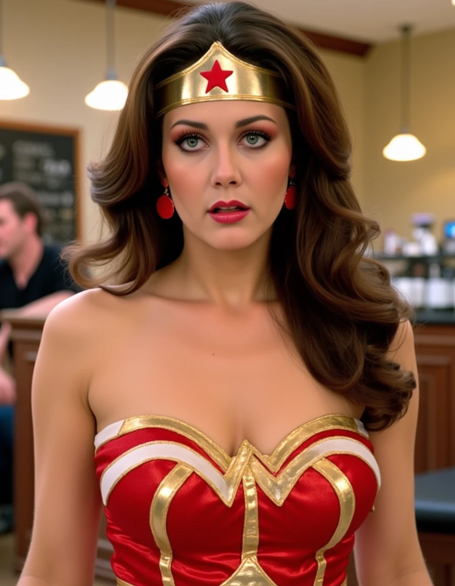 <lora:Lynda_Carter_1970s_flux:1> This is a photograph featuring a woman dressed as Wonder Woman, a fictional character known for her red, white, and gold costume. She is standing in a cafe, The woman has long, voluminous brown hair styled in loose waves, and she is wearing a gold headband with a red star emblem. Her makeup is bold, with dark eyeliner and red lipstick. She is wearing a strapless top made of shiny red fabric with gold accents, including a gold star pattern that extends from her chest to her shoulders. Her earrings are red, round ones.  The woman's expression is serious and focused. The photograph captures the iconic look of Wonder Woman, with a focus on her costume and accessories, emphasizing the character's strength and determination.