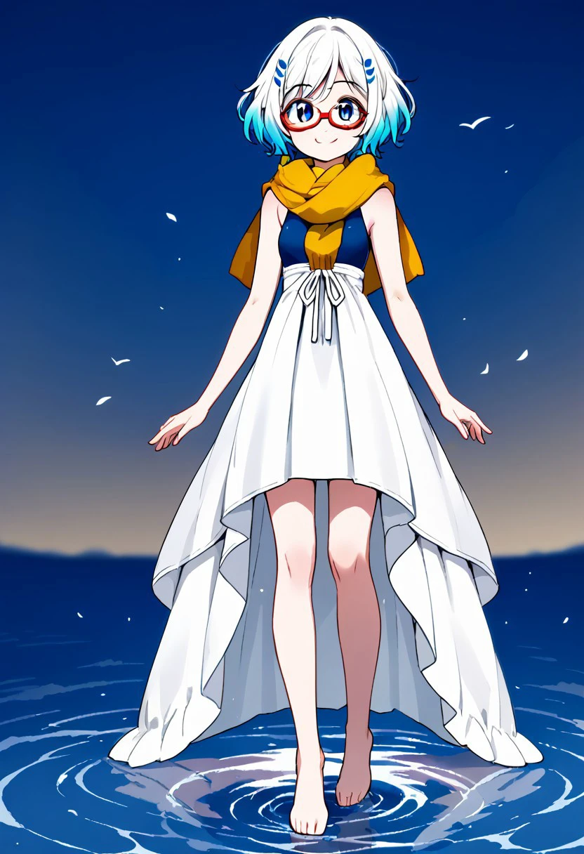 score_9, score_8_up, score_7_up, score_6_up, score_5_up, score_4_up, Shiroumi Kana, 1 girl, aquamarine hair, (blue eyes: 1.1), fins, red-framed glasses, short white hair, small breasts, yellow scarf, white dress, long dress, simple dress, blue swimsuit, smile, full body, :3, standing, on water,