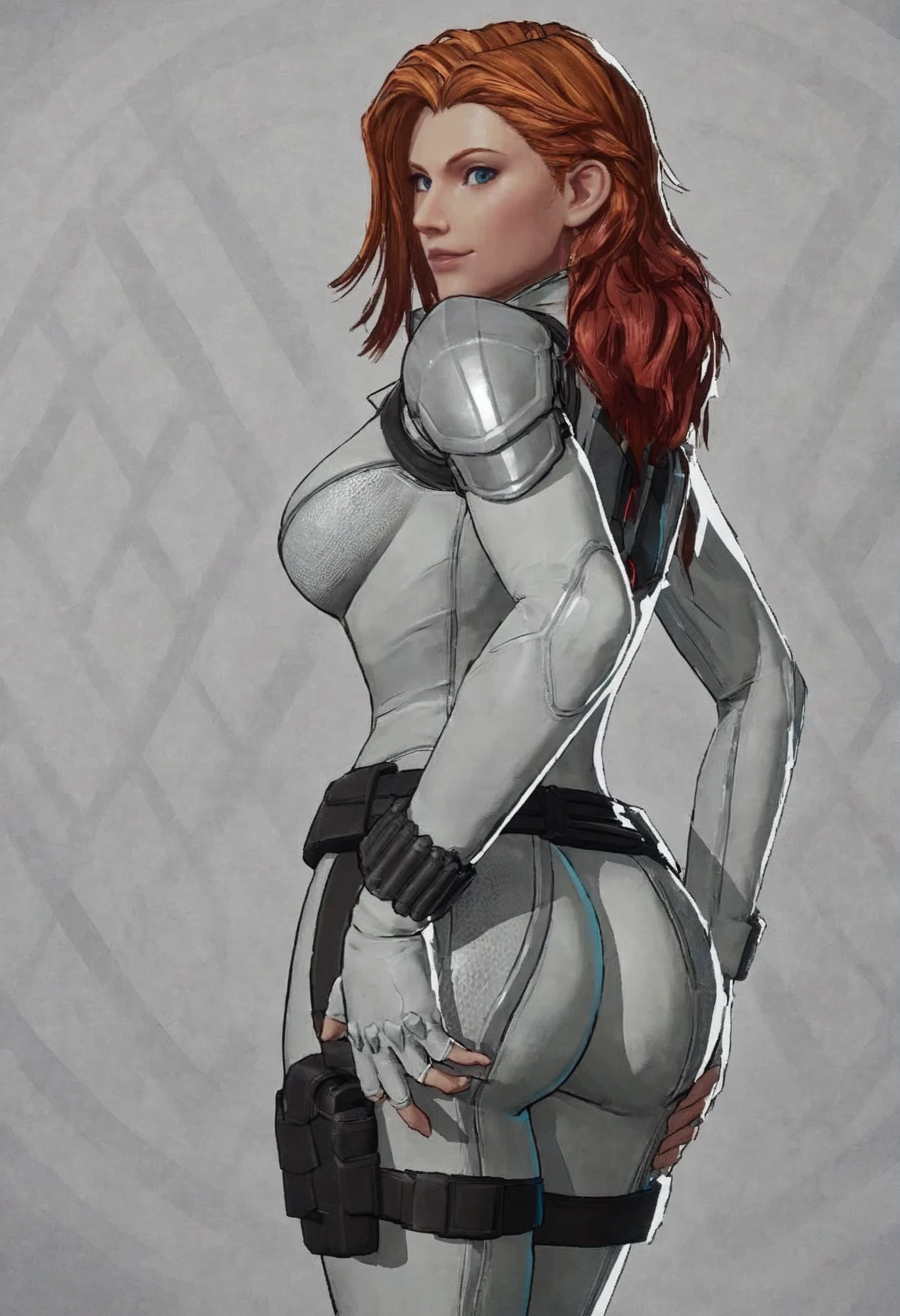 score_9, score_8,score_7, score_6,perfect quality, best quality, skin texture, 1girl, indoors, cowboy shot, large breasts, sexy, looking at viewer,, <lora:gotonai_widow_mcu-000021:0.7> gotonai_black_widow, white bodysuit, red hair, long hair,blue eyes,cowboy shot, sexy pose,from behind, round ass, hands down, looking back:1.2, ((white background:1), simple background:1.2),grabbing own ass, ass support, smile,standing, dynamic pose,dynamic pose