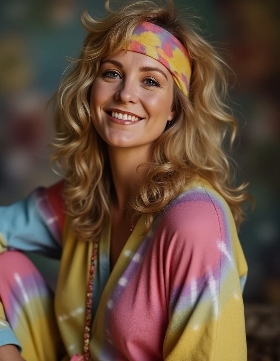 <lora:joanna-kerns-flux:1> hippie lady wearing a head band and tie-dye with body paint and hippie clothes