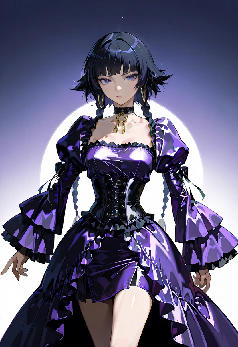 chrushed velvet dress,wide sleeves, purple dress, choker, corset,1girl,solo, sui-feng