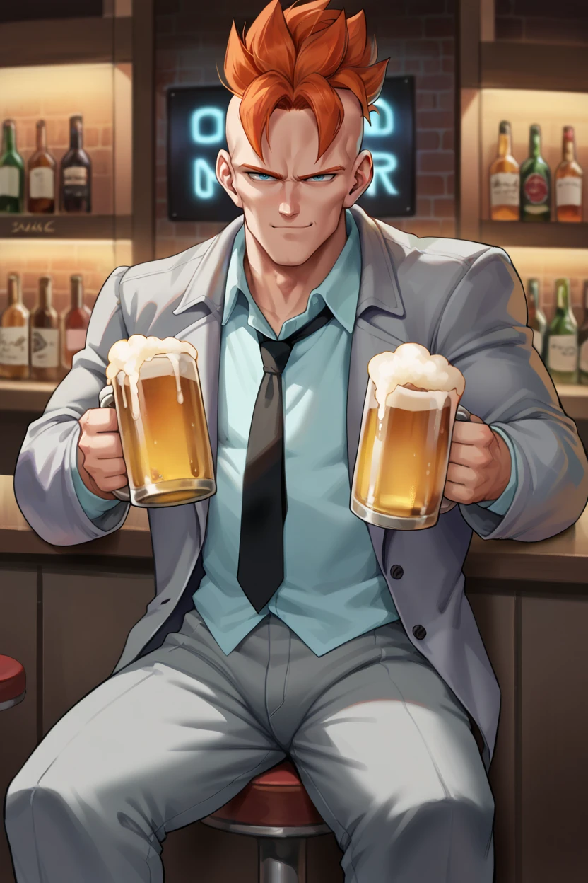 score_9,score_8_up, score_7_up, BREAK ict style, android 16,1boy,solo,male focus, orange hair, light blue eyes, mohawk,cowboy shot, grey suit, grey jacket, grey pants, white collared shirt, black necktie,smirk,closed mouth,sitting, holding beer,beer mug,bar,indoors, shelves, neon lights,dual wielding, reaching towards viewer,reaching,hand up,holding mug,pov, stool,smile,open jacket,muscular male,      <lora:Android16Pony:1>