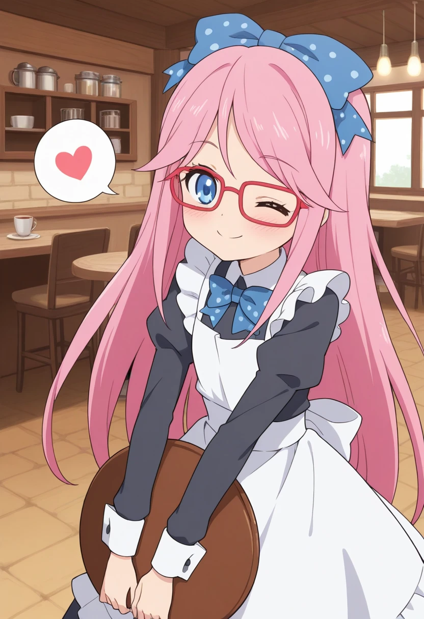 best quality, masterpiece, BREAK humanluna, 1girl, solo, red-framed eyewear, long hair, blue eyes, pink hair, cafe, tray, maid headdress, maid outfit, one eye closed, spoken heart, polka dot bow, happy