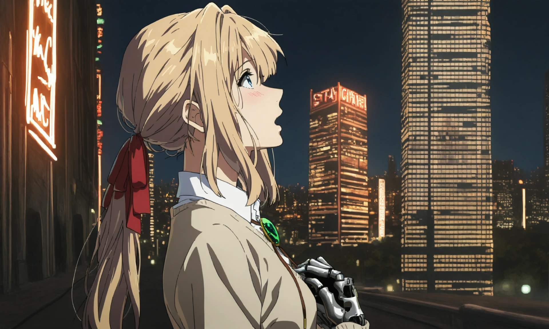 violetmv, 1girl, (solo:1.2), ponytailhaircut, blue eyes, hair intakes, ponytail, long hair, blonde hair, hair ribbon, mechanical hands, red ribbon, hair ribbon, white shirt,collared shirt, (street:1.2), (skyscraper:1.2), beige sweater, bolo ties, green gemstone, hands on own chest, looking up, profile, (scenery:1.1), surprised, open mouth, blush, night, city light, neon lights, standing, upper body, from side, mature female, (skinny:1), small breasts, (masterpiece, best quality, very awa, painting \(medium\):1.2)