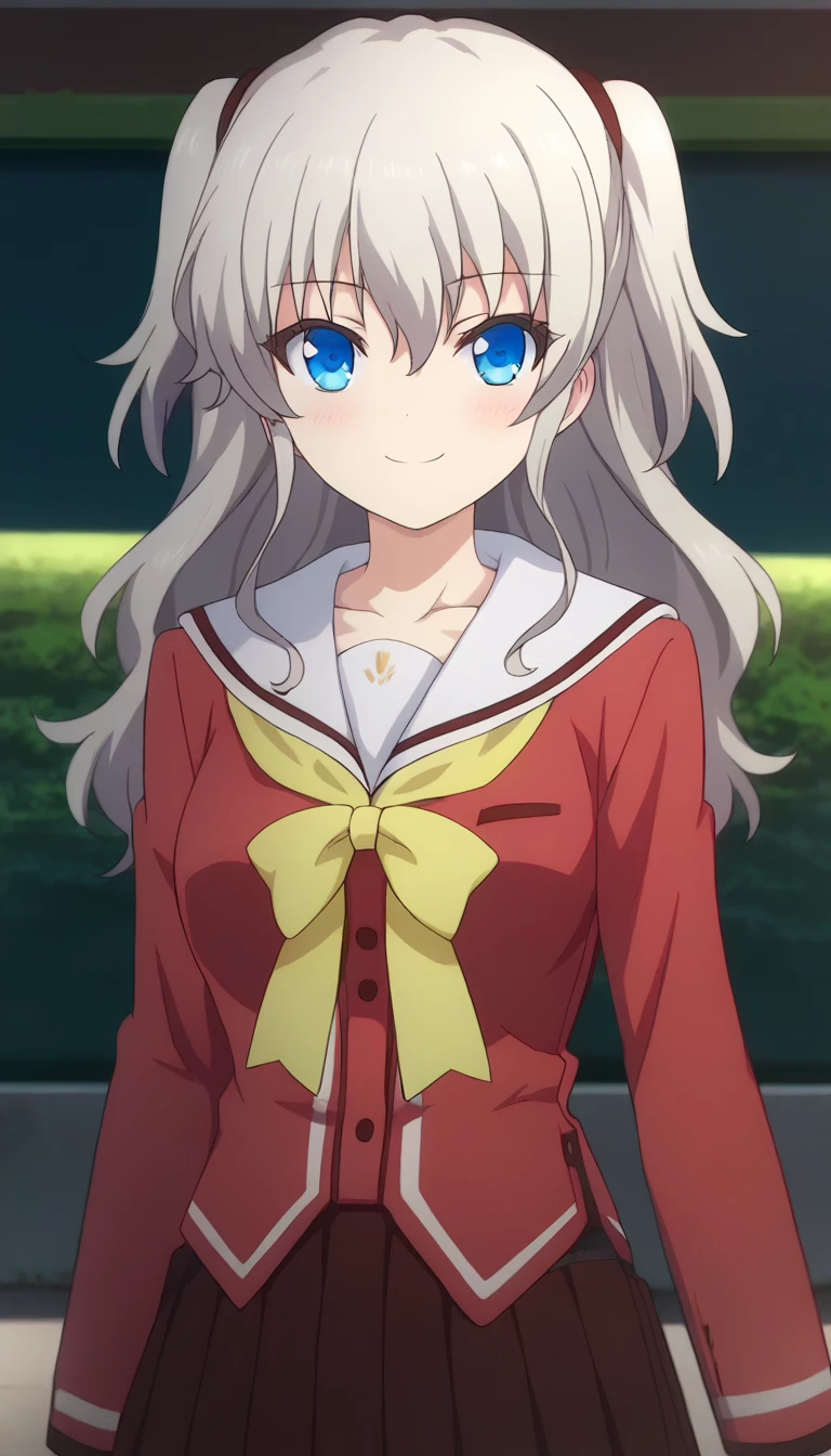 score_9,score_8_up,masterpiece,best quality,correct anatomy,anime_source,1girl,solo,perfect eyes,perfect arms,perfect legs,perfect face,outdoors,upper body,(portrait:1.5),looking at viewer,facing viewer,smile,blush,Tomori Nao,long hair,grey hair,two side up,sidelocks,hair between eyes,bangs,blue eyes,collarbone,school uniform,white sailor collar,red shirt,yellow bowtie,yellow ribbon,long sleeves,medium breasts,miniskirt,red skirt,pleated skirt,black socks,loafers,brown footwear,<lora:Tomori Nao(cl)-Pony:1.8>,