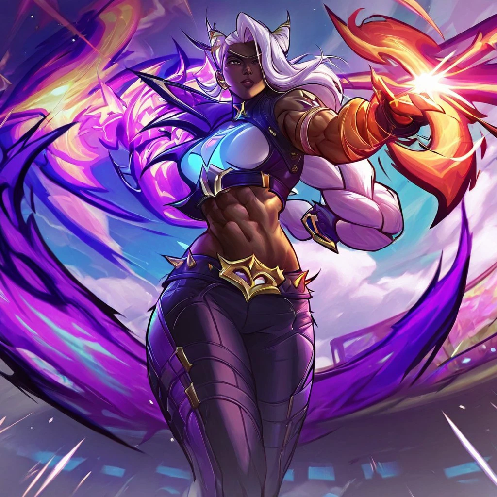 masterpiece, best quality, high resolution, absurdres, SoulFightersStyle-IL.V1.0, SoulFightersStyleSplashArt-IL.V1.0, 1girl, dark-skinned female, white hair, long hair,  muscular female