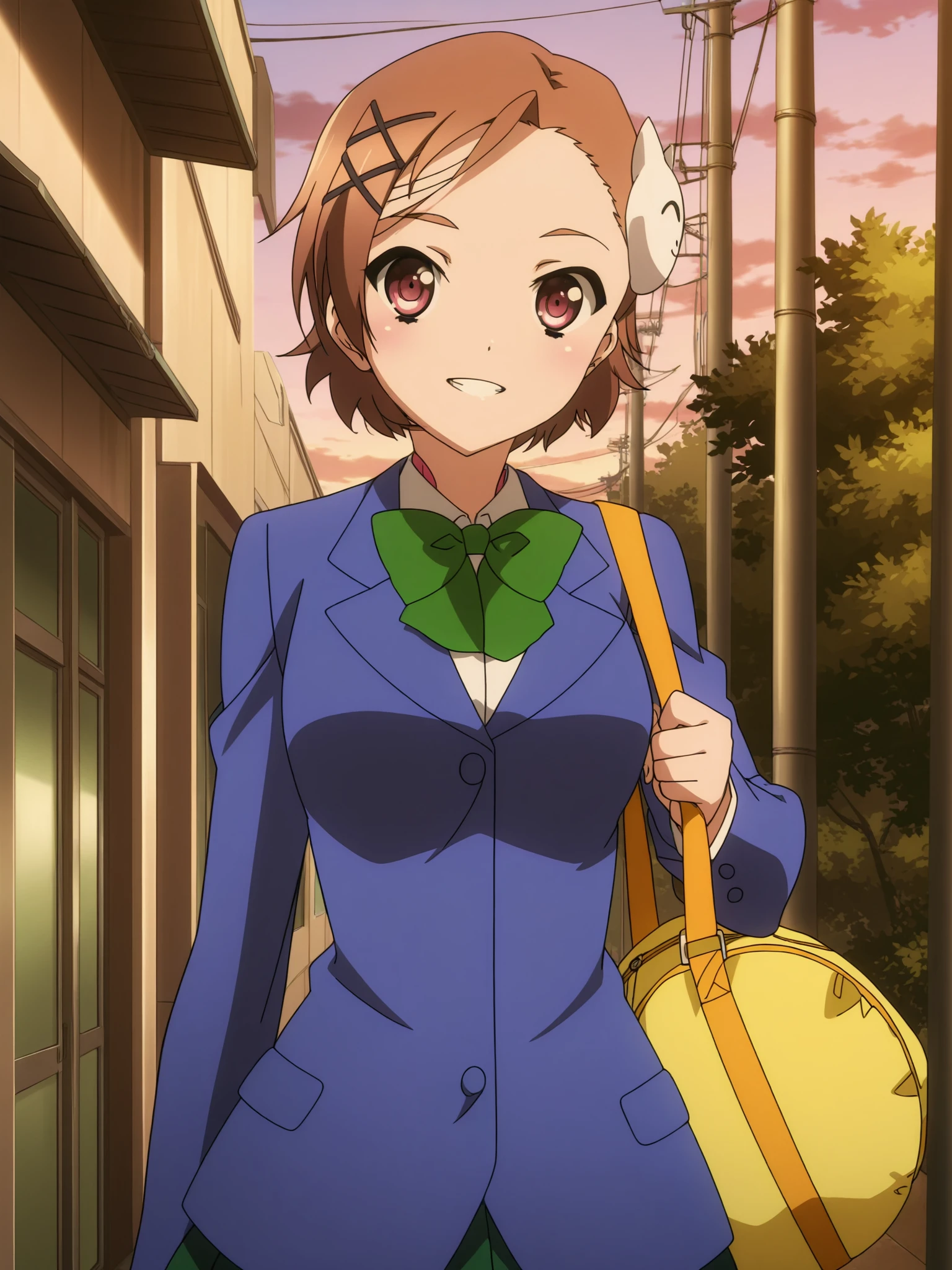 anime screencap, anime coloring, masterpiece, detailed face,
outside,
 <lora:Chiyuri_Kurashima_Accel_World_-_Illustrious:.8>1girl, solo, Kurashima Chiyuri, brown hair, short hair, medium breasts, school uniform, green bow, blazer, jacket, bag, hair ornament, 
cowboy shot, looking at the viewer, mouth open, cute girl, big smile, teeth