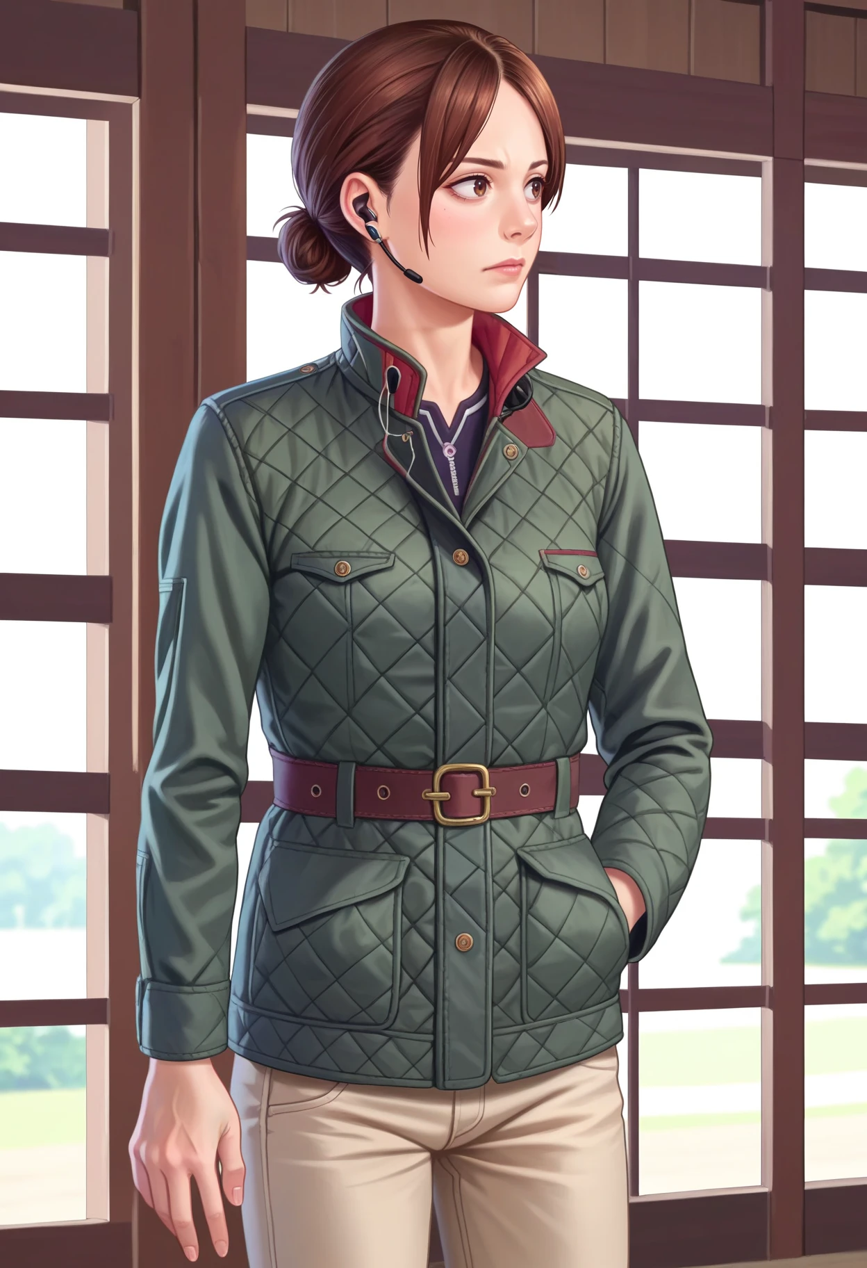 score_9,score_8_up,score_7_up,score_6_up,source_anime,source_realistic BREAK anime screencap,anime colors,1girl, <lora:PGravesH1Pony:1>,green jacket,short hair,brown hair,single hair bun,earpiece,hands in pockets,pants,indoors,in barn,facing viewer,cowboy shot,straight on,detailed background