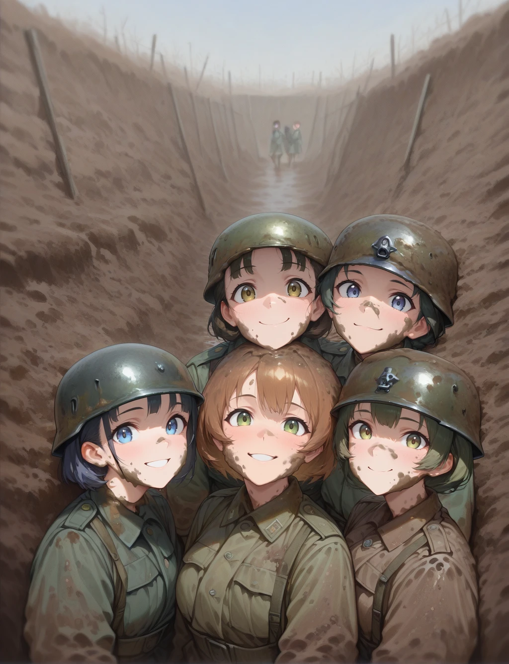 masterpiece,best quality,higres illustration,detailed face,short hair,<lora:trenchwarfare_IL:1>,trench warfare,upper body,looking at viewer,smile,muddy,group of girls,face focus,