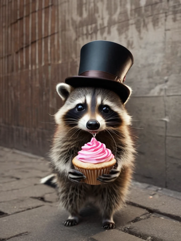 Graffiti style A high resolution photo of a realistic (6. A raccoon wearing a tiny top hat and monocle, looking perplexed while holding a cupcake.)  (running:1.05) to the viewer whilst (Disgust Wrinkled nose, gagging motion, turning away.),infront theres a person (Planning: Organizing steps to achieve a goal or event.)) , (dynamic:1.1), sun rays,, (taken by 7.5mm fisheye lens:1.1) (looking to the right) 
= With a rainbow nebula background elements . Epic dynamic lighting .(2. Serene Lakeside Sunset) =
 = ((Vivid, HDR, Canon50, 8K, Hyper Realistic, Dramatic, Epic, Dynamic Contrast, Cinematic Lighting)) (((Zoomed Out, Far away Shot))) = 
<lora:Dressed animals:1> 
<lora:juggernautXL_version6Rundiffusion:0.8> <lora:crystalClearXL_ccxl:0.8> ((Vivid, Epic, Dynamic contrast)) (((Zoomed out, Far away shot, In frame)), vibrant, highly detailed, - Generate images with sharp edges and fine details.
- Produce high-resolution images with no blurriness or distortions.
- Create images with clear and well-defined subjects.
- Ensure that the output images have crisp lines and distinct features.
- Generate images with vibrant colors and accurate tones.
- Avoid noise or artifacts in the generated images.
- Focus on producing clear textures and patterns in the images.
- Emphasize clarity and definition in all aspects of the generated images.
- Prioritize the sharpness and clarity of the main subjects in the images.
- Optimize the AI model to produce clear and visually appealing images., By art germ, Wlop . Street art, vibrant, urban, detailed, tag, mural