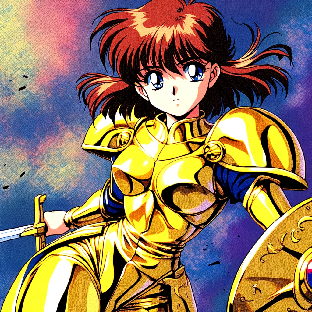 1990's PC, 1990s_(style), masterpiece, best quality, shield, (halftone:0.3), brown_hair, holding_sword, gold armor, (detailed_face, detailed_eyes:1), <lora:1990sPCstyle_IL_v4:0.5>