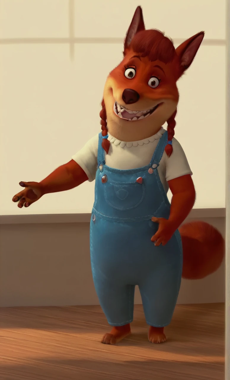 zPDXL3,<lora:FoxyLoxy_Pony:1>,foxyloxy,two tone body,red fur,orange fur,braids,bowknot,overalls,tail,looking_at_viewer,