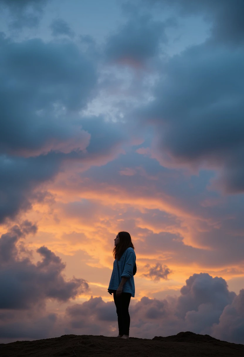 landscape photography of a woman standing in front of a sky of dramatic colorful majestic clouds