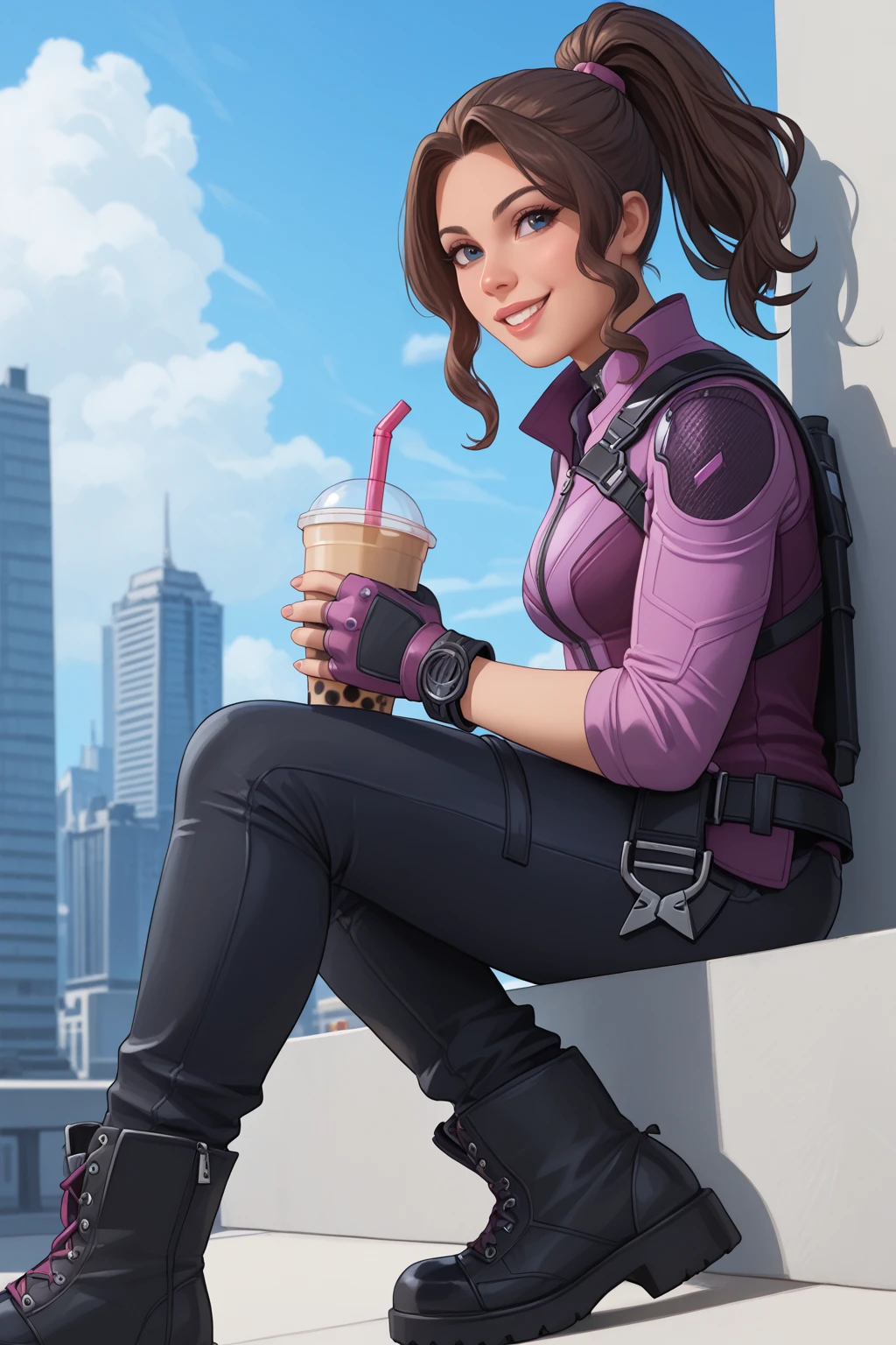 score_9, score_8_up, score_7_up, masterpiece, high quality, BREAK, realsistic
 <lora:Kate BishopPonyLora:1>kate, ponytail, bangs, jacket, zipper, fingerless gloves, belt, pants, thigh strap, holster, boots,sitting on a wall, holding bubble tea, city, blue sky, clouds,happy