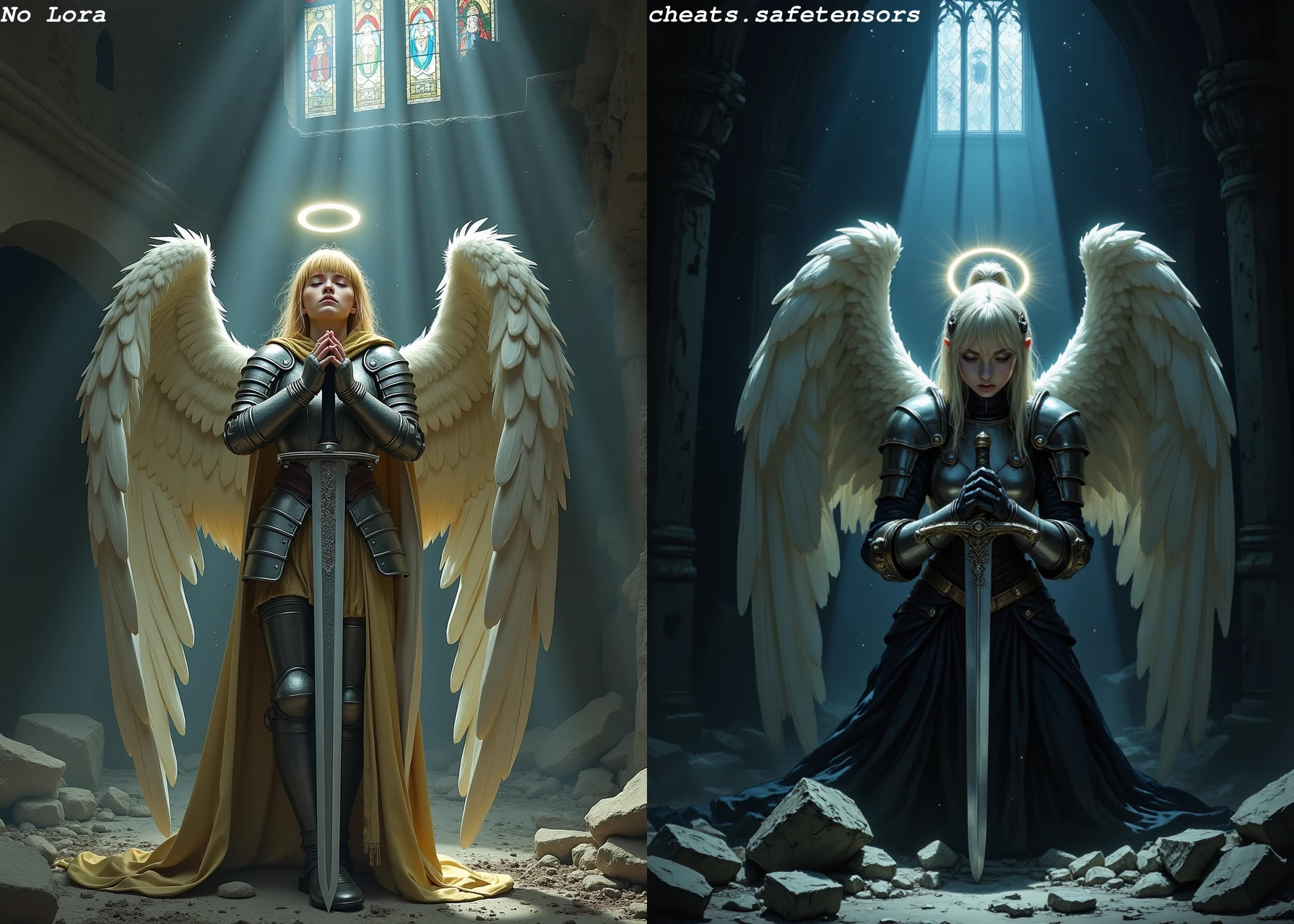 blonde female angel with large unfurled wings and halo , eyes closed in prayer, blonde ponytail with bangs, wearing plate armor, leaning on claymore longsword hands clasped around the handle, the tip of the sword is against the ground, cracks in concrete emanating from her in a collapsed chapel with caved in ceiling, with stained glass in the background, pitch back night with stars the only light coming heavenly cone of light, full body, depth of field, innocent face, her hands are not deformed
