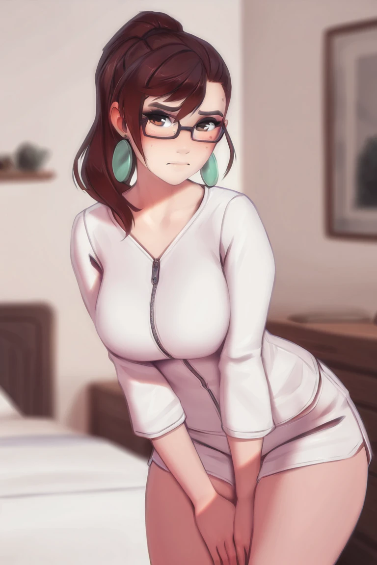 (masterpiece), (best quality), (intricate details, very aesthetic), absurdres, highres, 1girl,  <lora:momo_ayase-Illustrious:1> ayase_wz, medium hair, brown hair, brown eyes, large breasts, chocker, green earrings, white pajamas, zipper, white shorts, leaning forward, crossed fingers, v arms, nervous, looking at viewer, indoors, room, standing, bed, blurry background, cinematic light, sensitive, ponytail, glasses, personal ami,