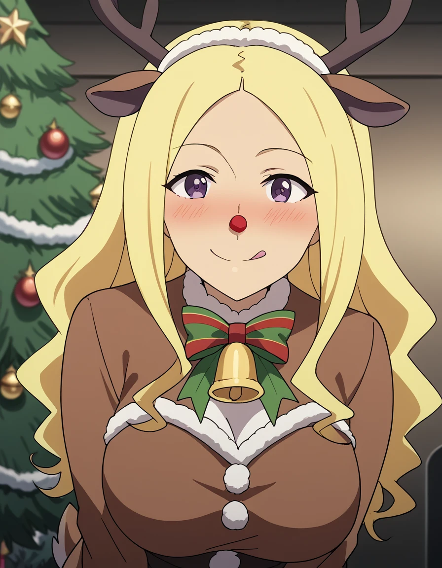 score_9, score_8_up, score_7_up, source_anime, <lora:wydine-uptown-s1-ponyxl-lora-nochekaiser:1>, wydine uptown, long hair, blonde hair, purple eyes, large breasts, anime screencap,, <lora:reindeer-costume-ponyxl-lora-nochekaiser:1>, reindeer costume, animal costume, reindeer antlers, antlers, fake antlers, reindeer hood, christmas, red nose, deer ears, deer tail, christmas tree, bell, horns, reindeer,, blush, smile, tongue out, looking at viewer,, , dutch angle, cowboy shot