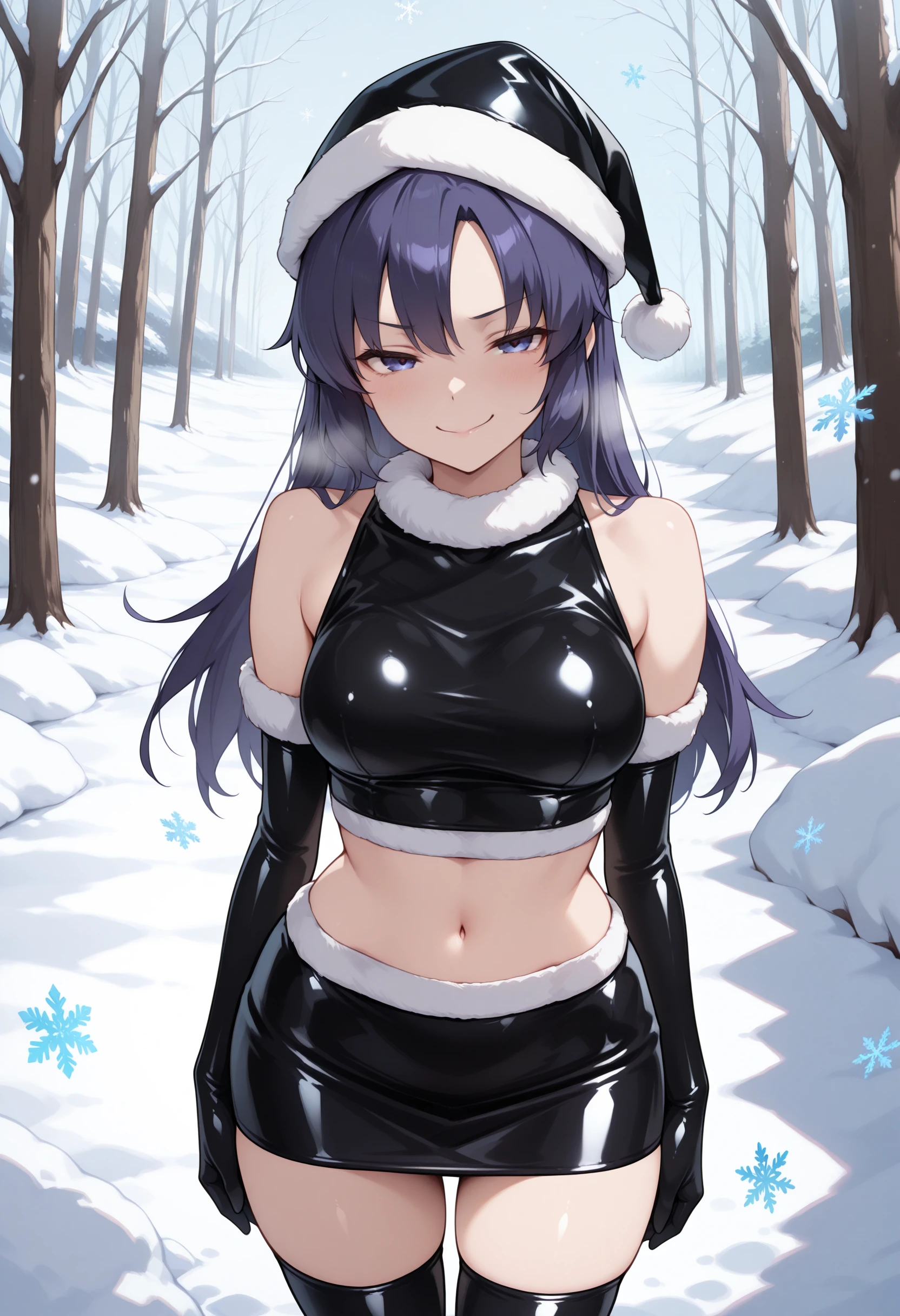 best quality, masterpiece \(quality\),
1girl, solo,
hayase yuuka,
naughty face, evil smile, closed mouth,
black latex, crop top, miniskirt, santa hat, black santa costume, thighhighs, elbow gloves, fur trim,
cowboy shot, standing, 
snow, snowflakes, day,
<lora:latex-fantasy-illu-v14-step5300-rank256:0.8>