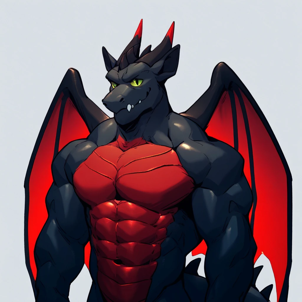 source_furry, score_9, score_8_up, score_7_up, 1boy, solo, portrait, dracxon, dragon, black body, green eyes, red Chest, red wings, furry, anthro, muscles, muscular, bodybuilder,